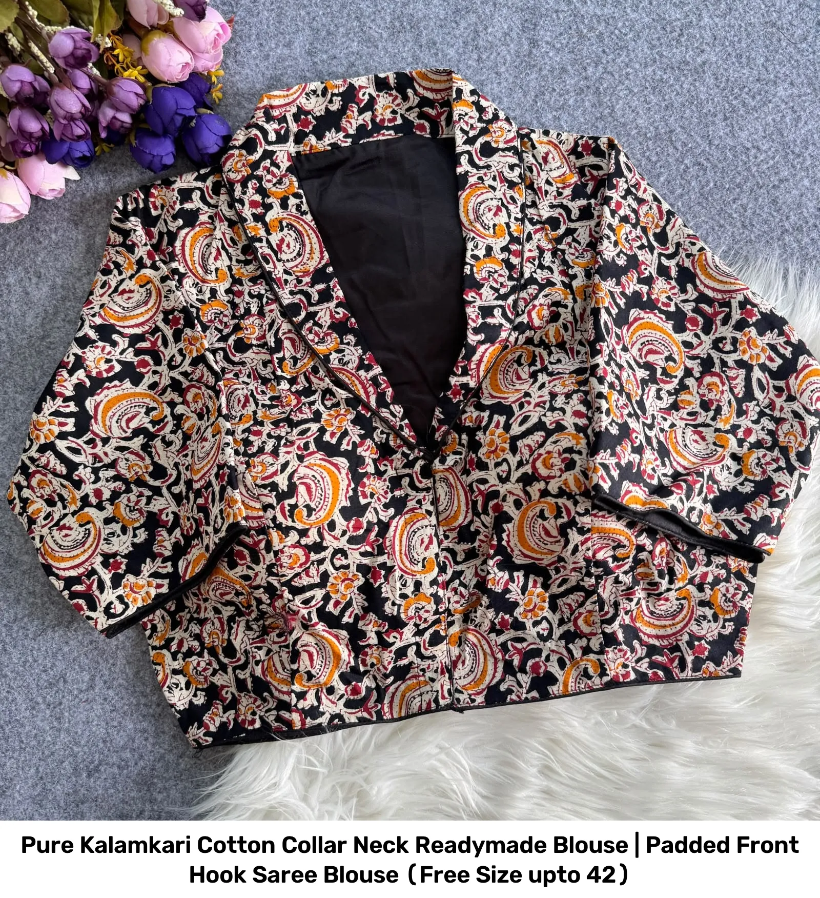 Pure Kalamkari Cotton Collar Neck Readymade Blouse | Padded Front Hook Saree Blouse (Free Size upto 42) 14