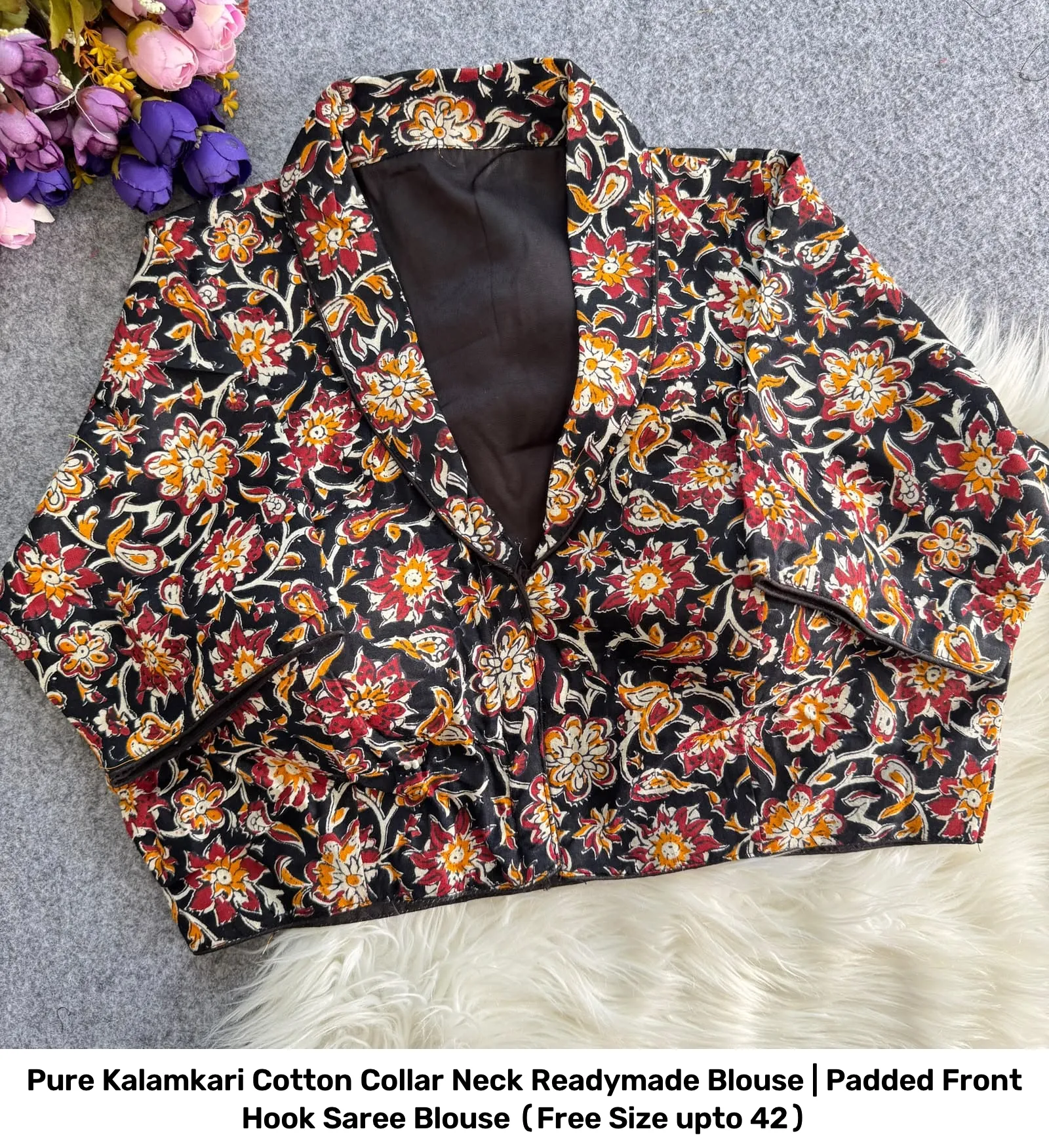 Pure Kalamkari Cotton Collar Neck Readymade Blouse | Padded Front Hook Saree Blouse (Free Size upto 42) 15