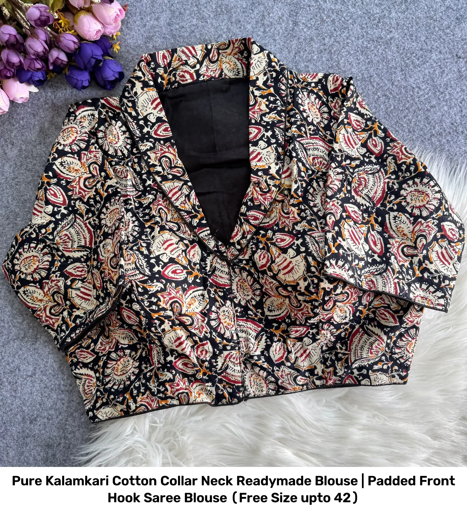 Pure Kalamkari Cotton Collar Neck Readymade Blouse | Padded Front Hook Saree Blouse (Free Size upto 42) 17