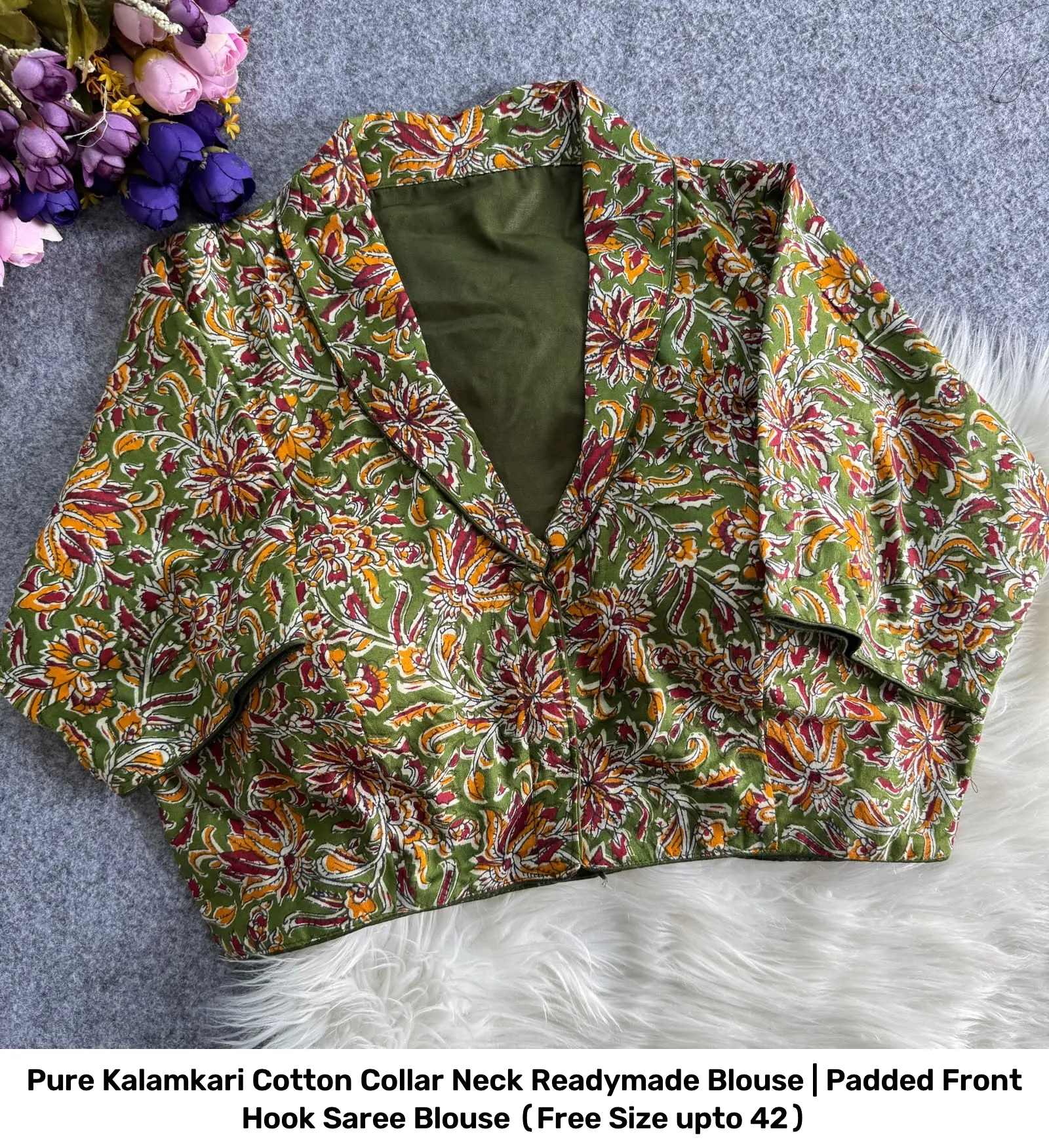 Pure Kalamkari Cotton Collar Neck Readymade Blouse | Padded Front Hook Saree Blouse (Free Size upto 42) 19