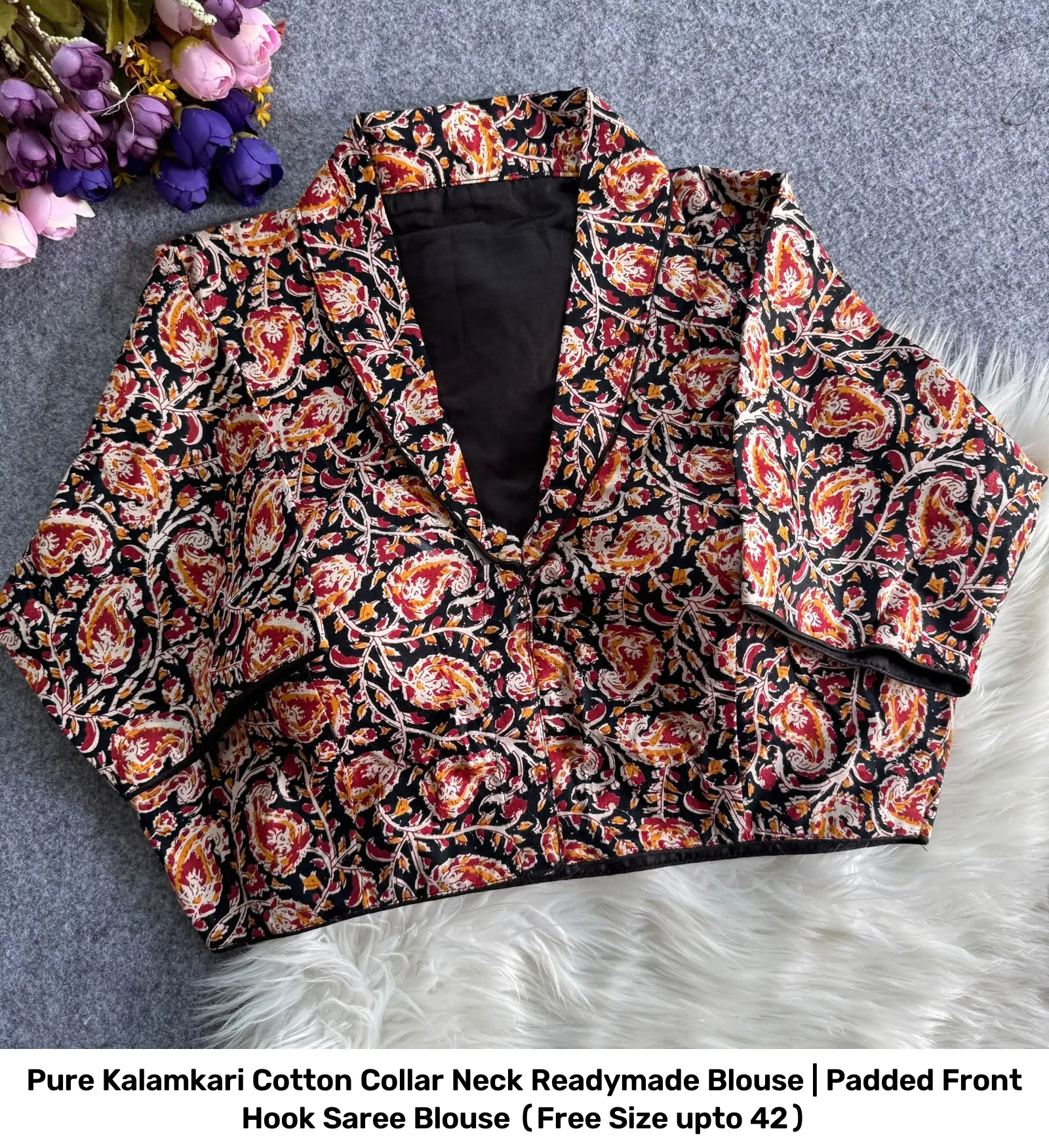 Pure Kalamkari Cotton Collar Neck Readymade Blouse | Padded Front Hook Saree Blouse (Free Size upto 42) 21
