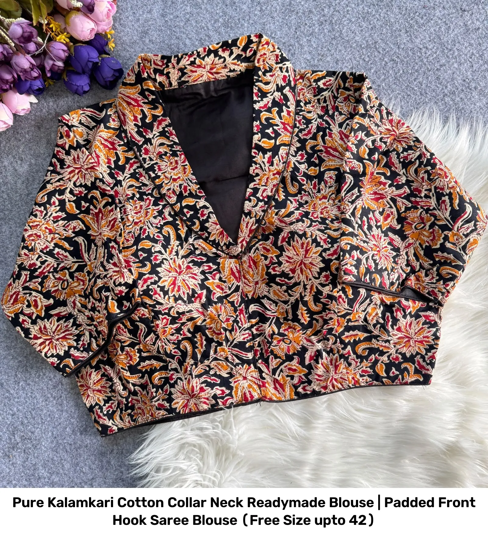 Pure Kalamkari Cotton Collar Neck Readymade Blouse | Padded Front Hook Saree Blouse (Free Size upto 42) 23