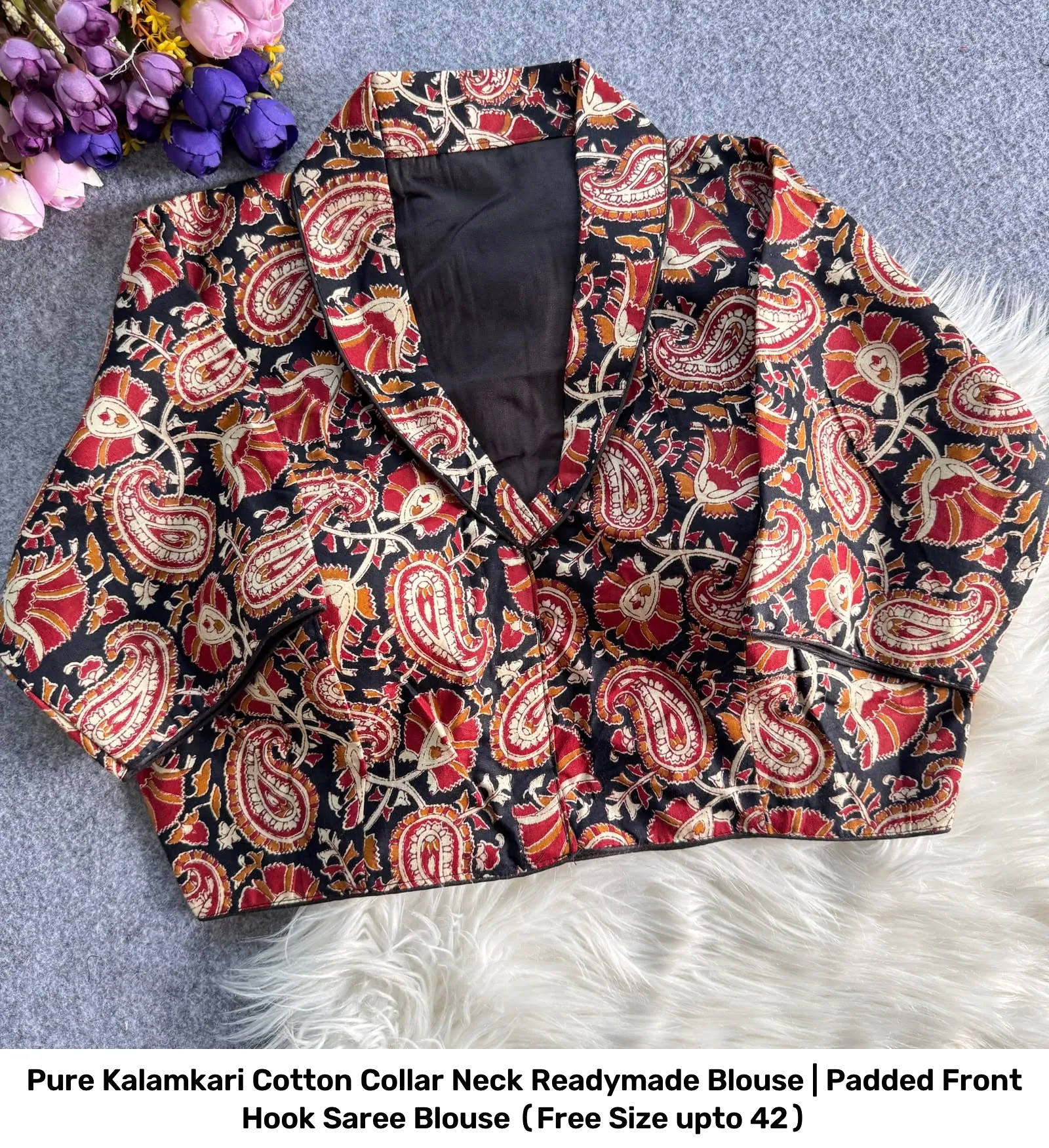 Pure Kalamkari Cotton Collar Neck Readymade Blouse | Padded Front Hook Saree Blouse (Free Size upto 42) 5