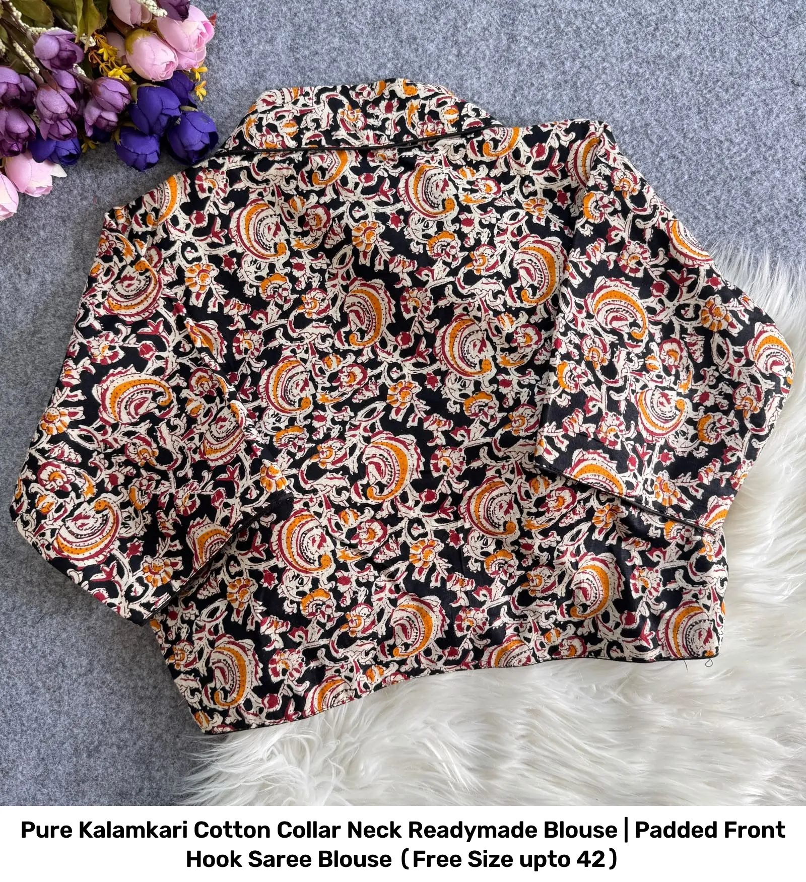 Pure Kalamkari Cotton Collar Neck Readymade Blouse | Padded Front Hook Saree Blouse (Free Size upto 42) 6
