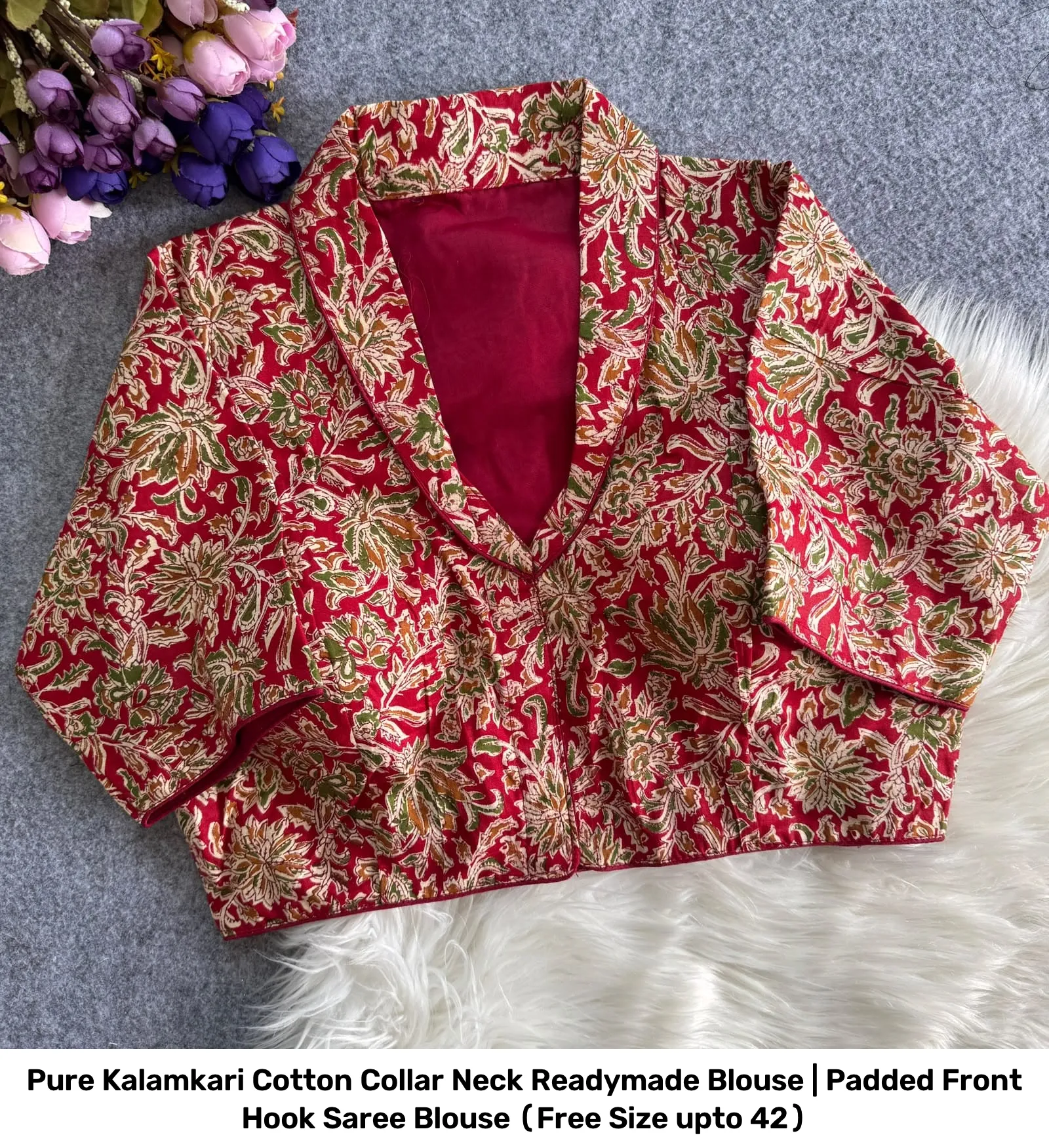 Pure Kalamkari Cotton Collar Neck Readymade Blouse | Padded Front Hook Saree Blouse (Free Size upto 42) 7