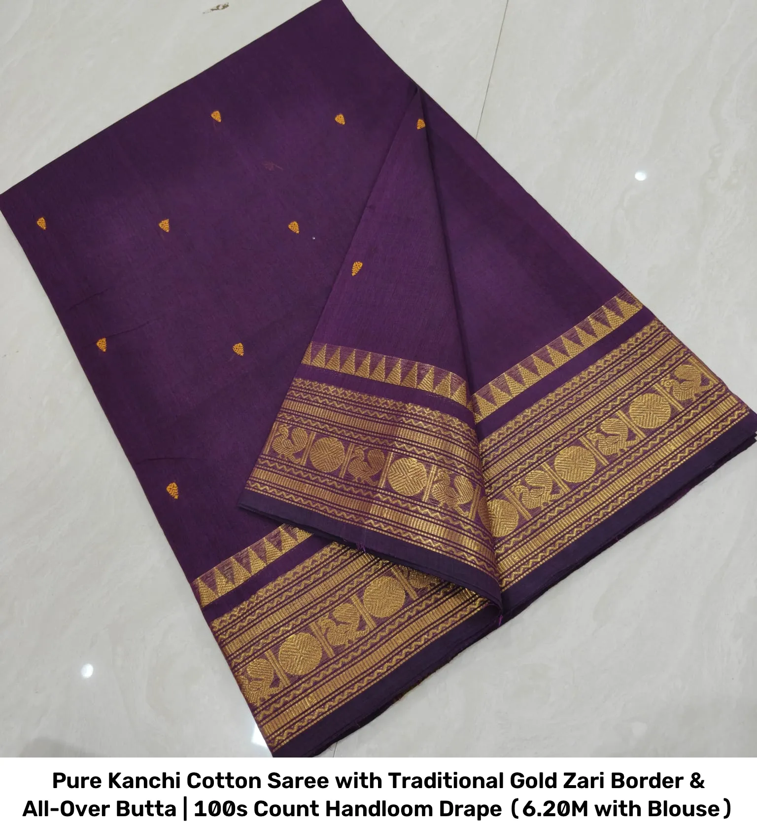 Pure Kanchi Cotton Saree with Traditional Gold Zari Border & All-Over Butta | 100s Count Handloom Drape (6.20M with Blouse) 10
