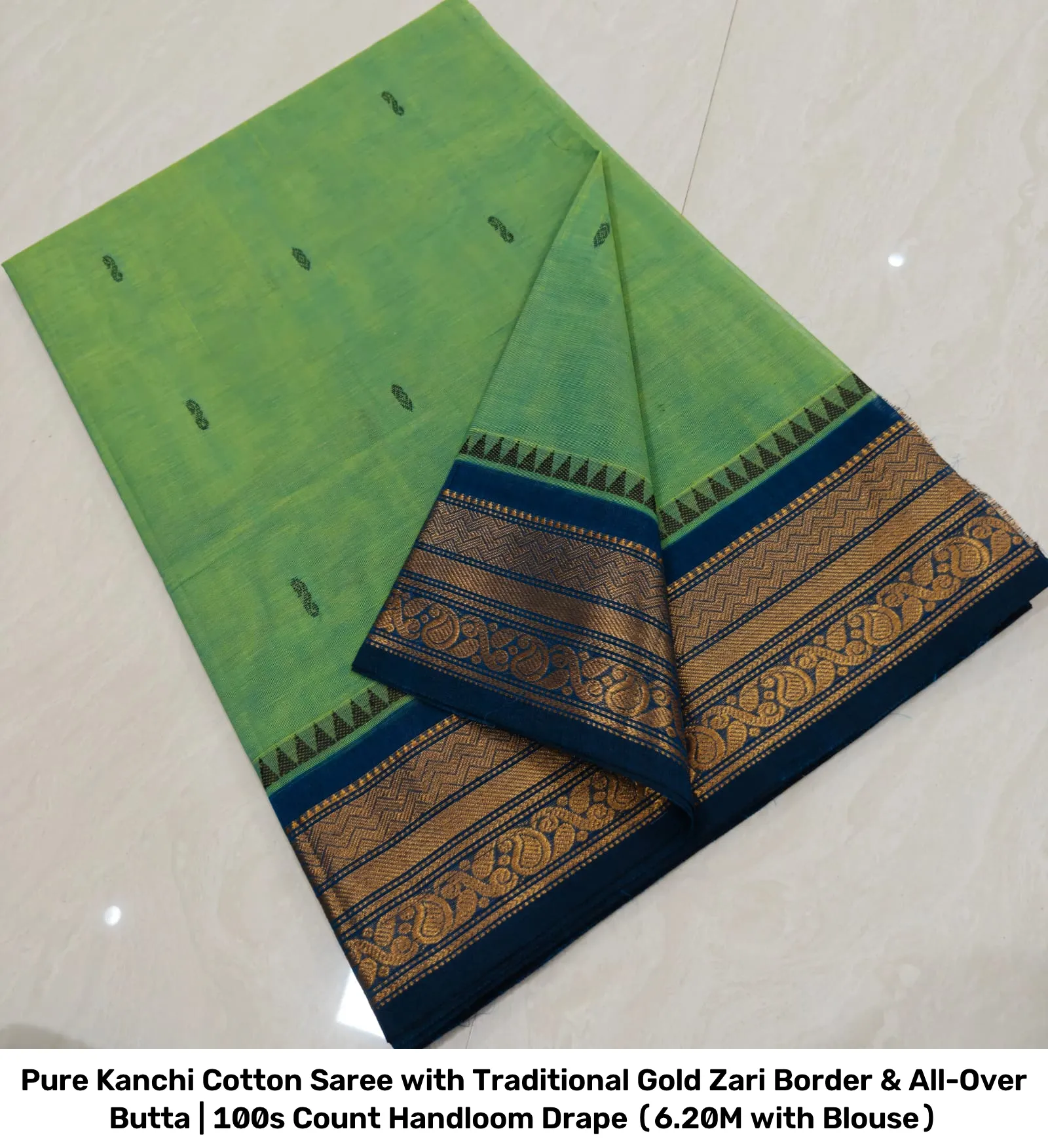 Pure Kanchi Cotton Saree with Traditional Gold Zari Border & All-Over Butta | 100s Count Handloom Drape (6.20M with Blouse) 11