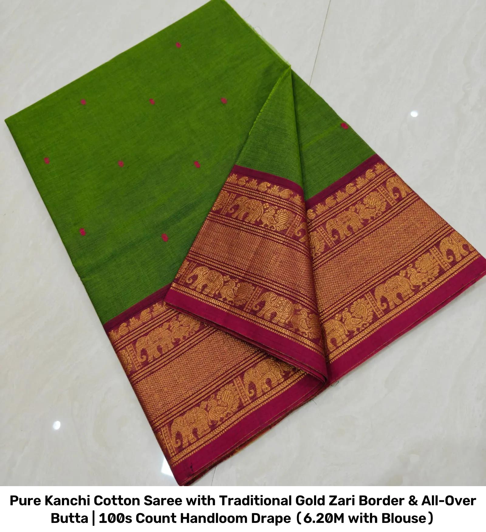 Pure Kanchi Cotton Saree with Traditional Gold Zari Border & All-Over Butta | 100s Count Handloom Drape (6.20M with Blouse) 12