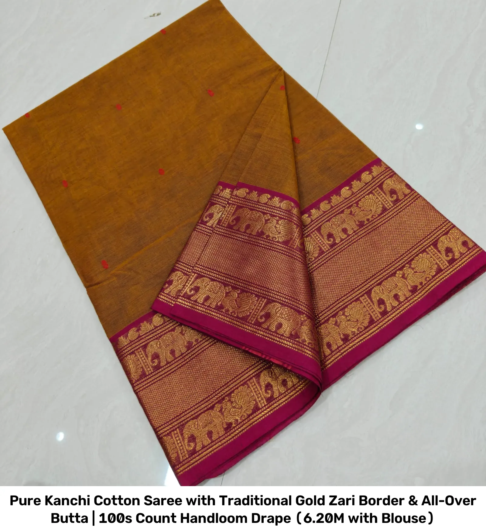 Pure Kanchi Cotton Saree with Traditional Gold Zari Border & All-Over Butta | 100s Count Handloom Drape (6.20M with Blouse) 14