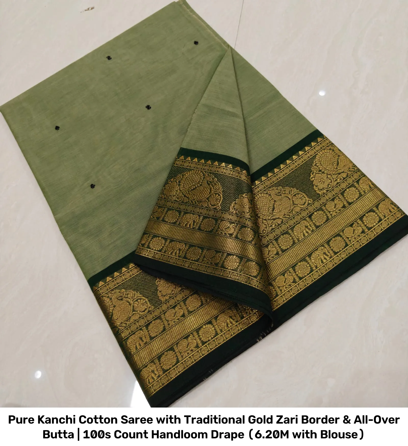 Pure Kanchi Cotton Saree with Traditional Gold Zari Border & All-Over Butta | 100s Count Handloom Drape (6.20M with Blouse) 15