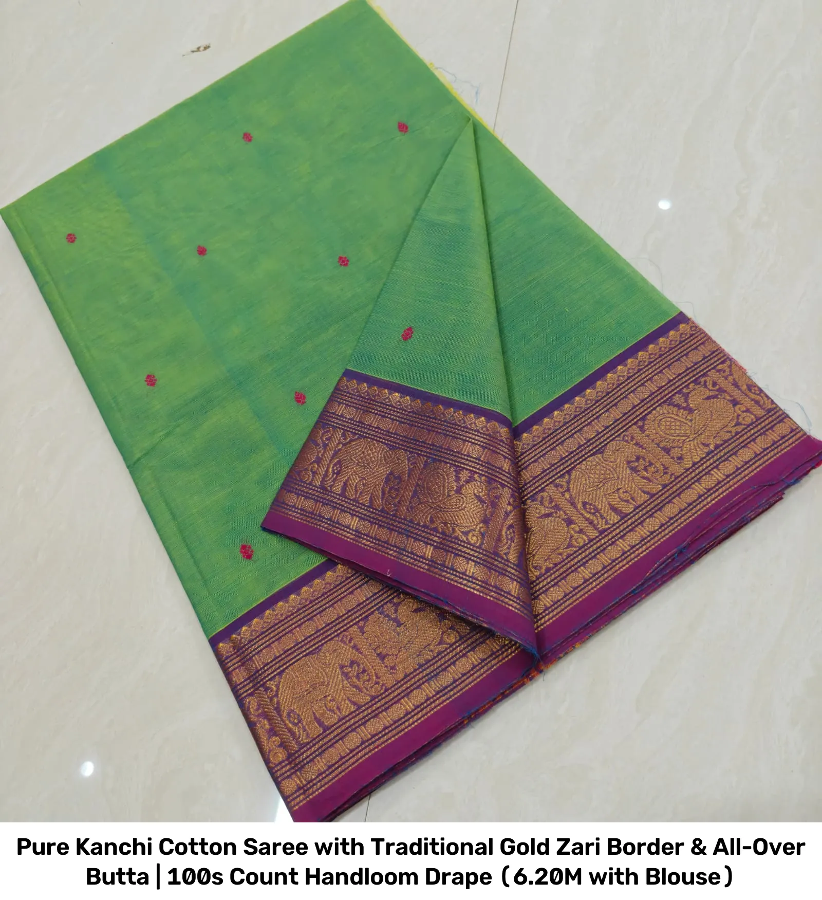 Pure Kanchi Cotton Saree with Traditional Gold Zari Border & All-Over Butta | 100s Count Handloom Drape (6.20M with Blouse) 16