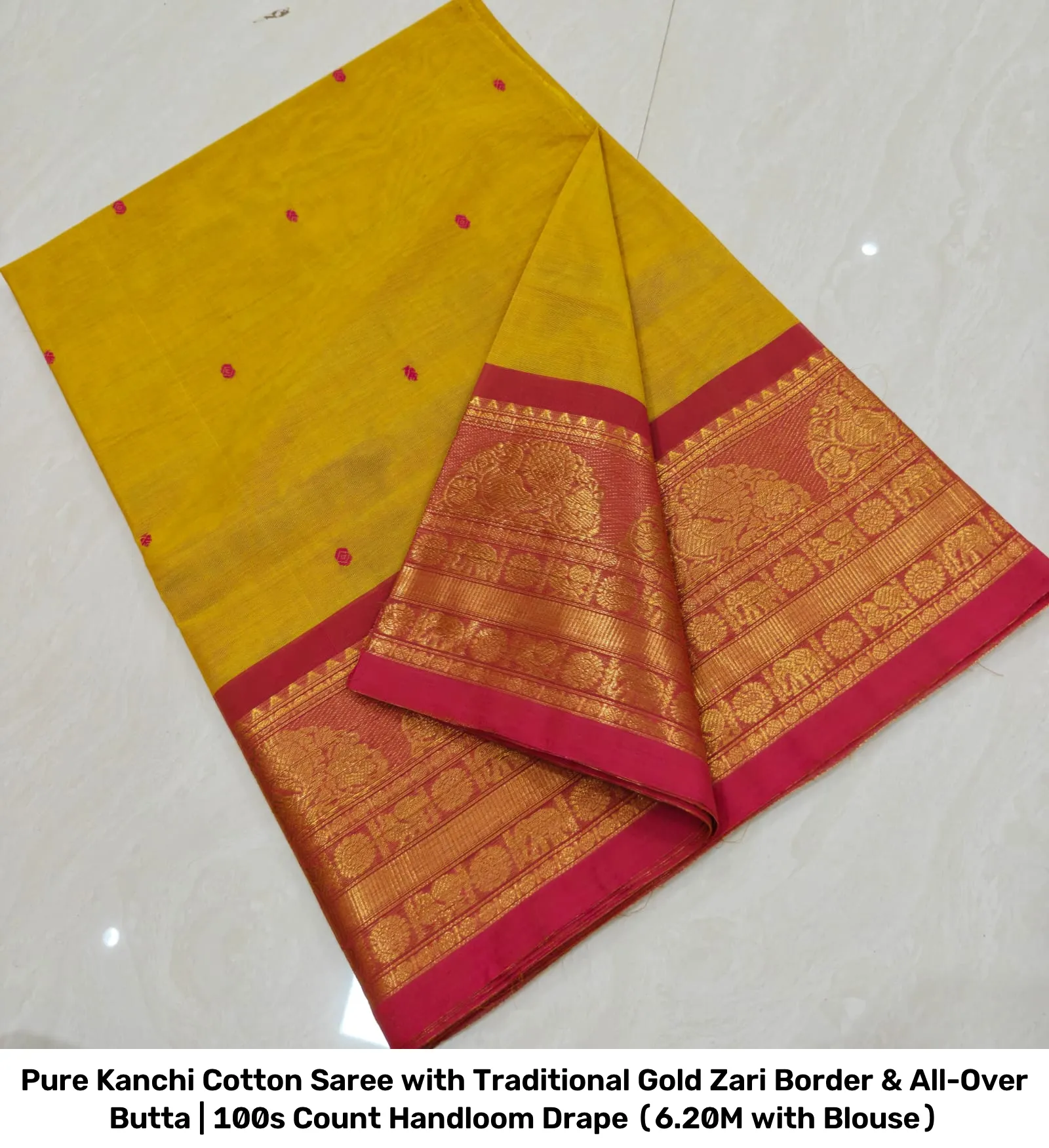 Pure Kanchi Cotton Saree with Traditional Gold Zari Border & All-Over Butta | 100s Count Handloom Drape (6.20M with Blouse) 17