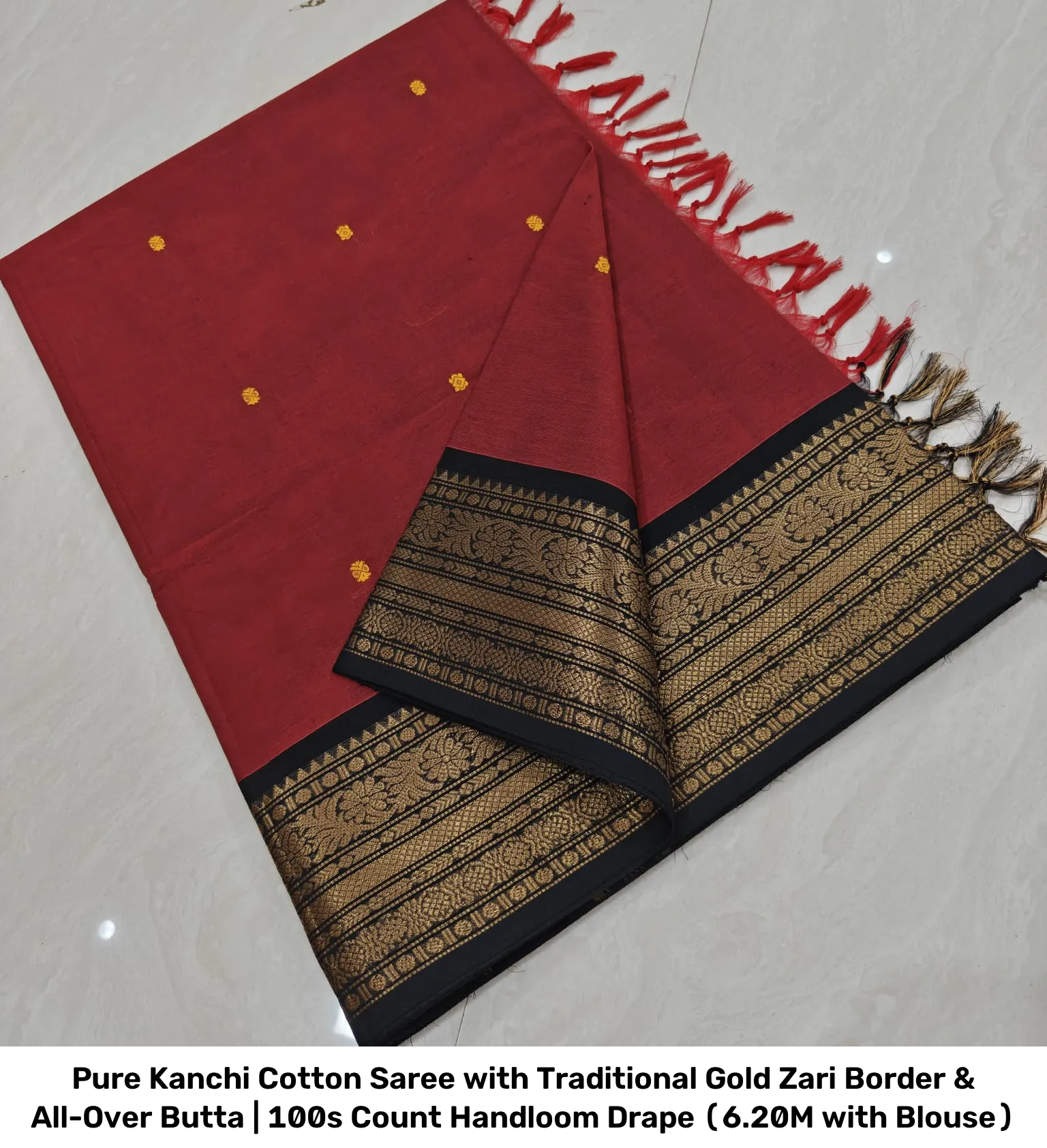 Pure Kanchi Cotton Saree with Traditional Gold Zari Border & All-Over Butta | 100s Count Handloom Drape (6.20M with Blouse) 18