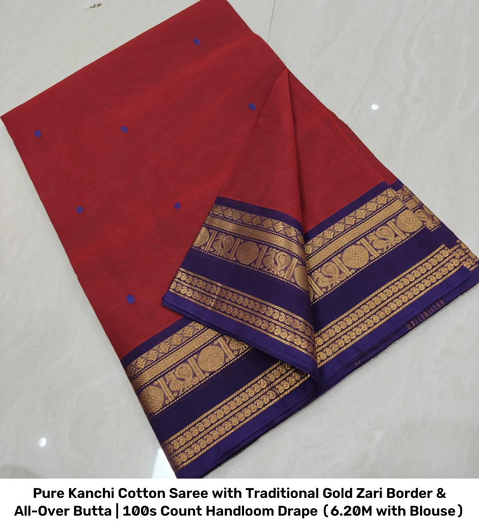Pure Kanchi Cotton Saree with Traditional Gold Zari Border & All-Over Butta | 100s Count Handloom Drape (6.20M with Blouse) 19