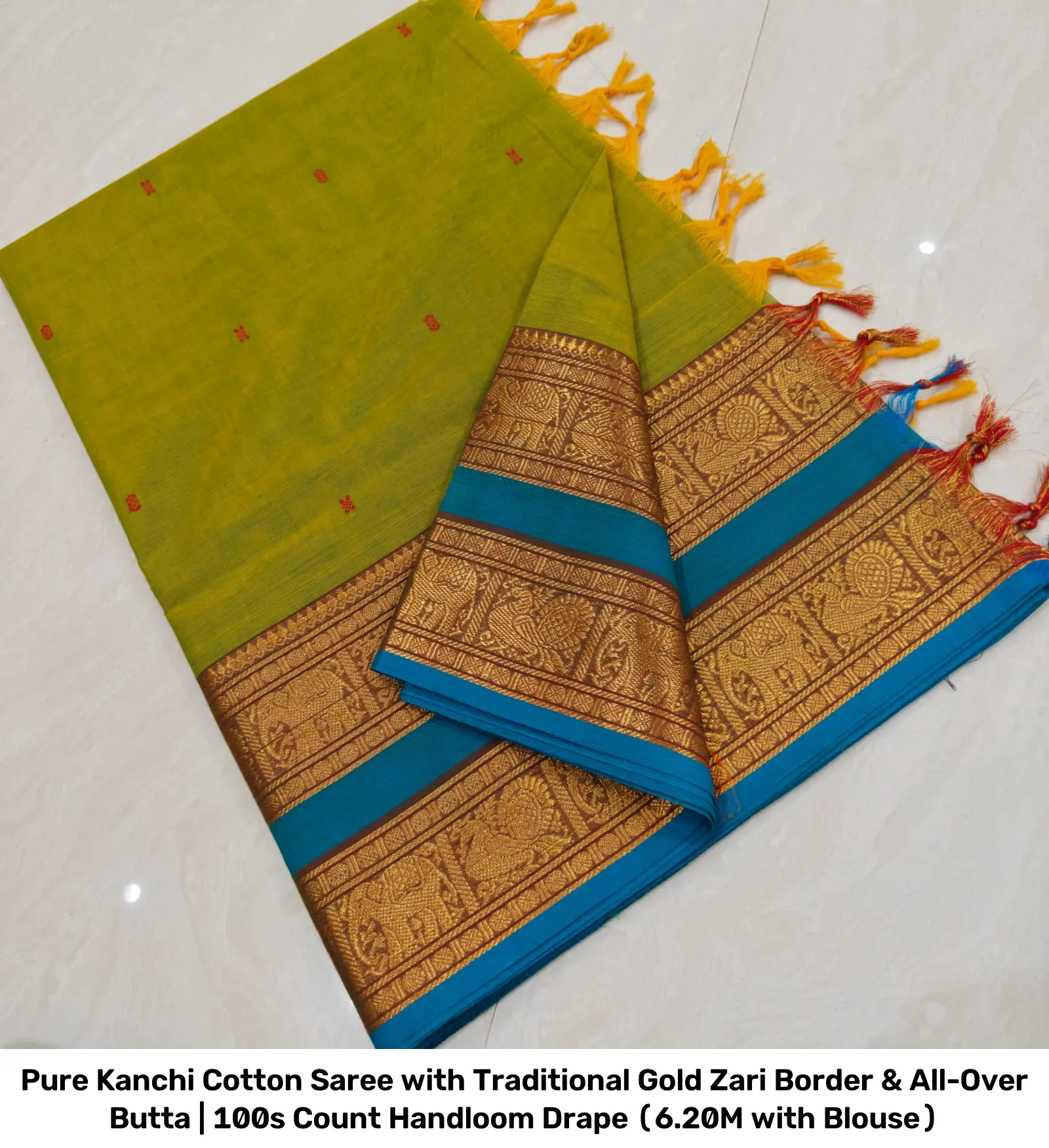 Pure Kanchi Cotton Saree with Traditional Gold Zari Border & All-Over Butta | 100s Count Handloom Drape (6.20M with Blouse) 2