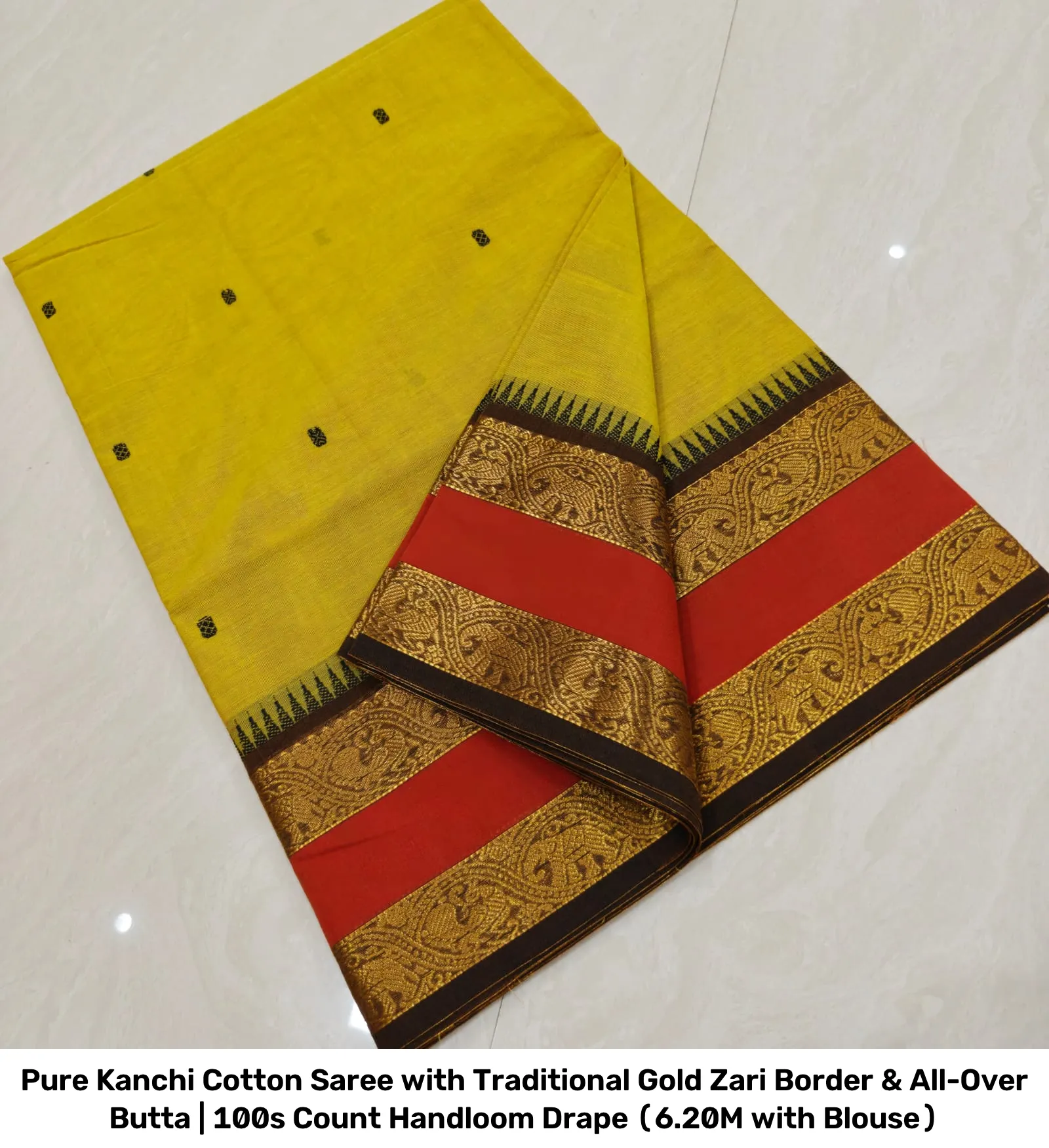 Pure Kanchi Cotton Saree with Traditional Gold Zari Border & All-Over Butta | 100s Count Handloom Drape (6.20M with Blouse) 20