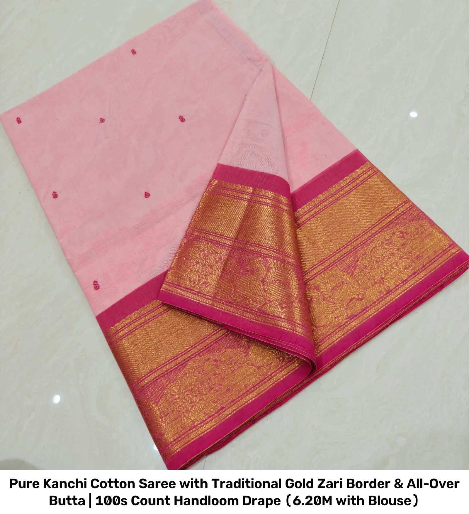 Pure Kanchi Cotton Saree with Traditional Gold Zari Border & All-Over Butta | 100s Count Handloom Drape (6.20M with Blouse) 21