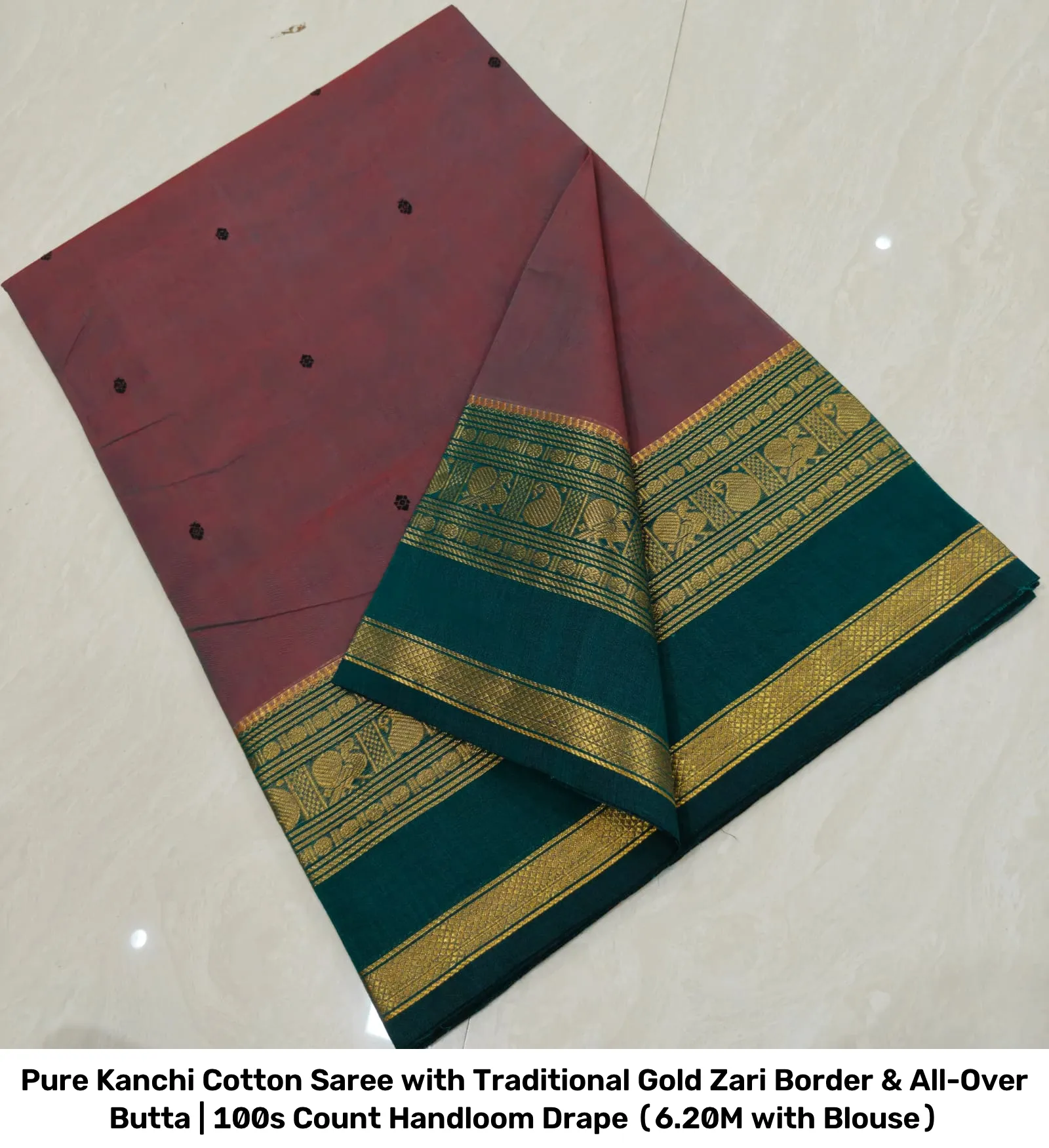 Pure Kanchi Cotton Saree with Traditional Gold Zari Border & All-Over Butta | 100s Count Handloom Drape (6.20M with Blouse) 3