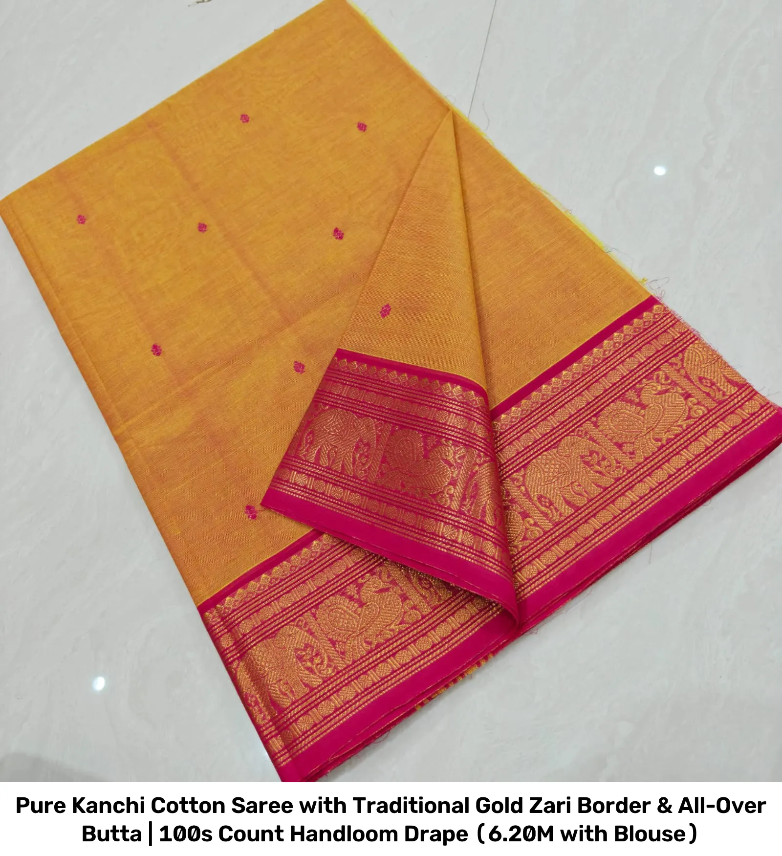 Pure Kanchi Cotton Saree with Traditional Gold Zari Border & All-Over Butta | 100s Count Handloom Drape (6.20M with Blouse) 4