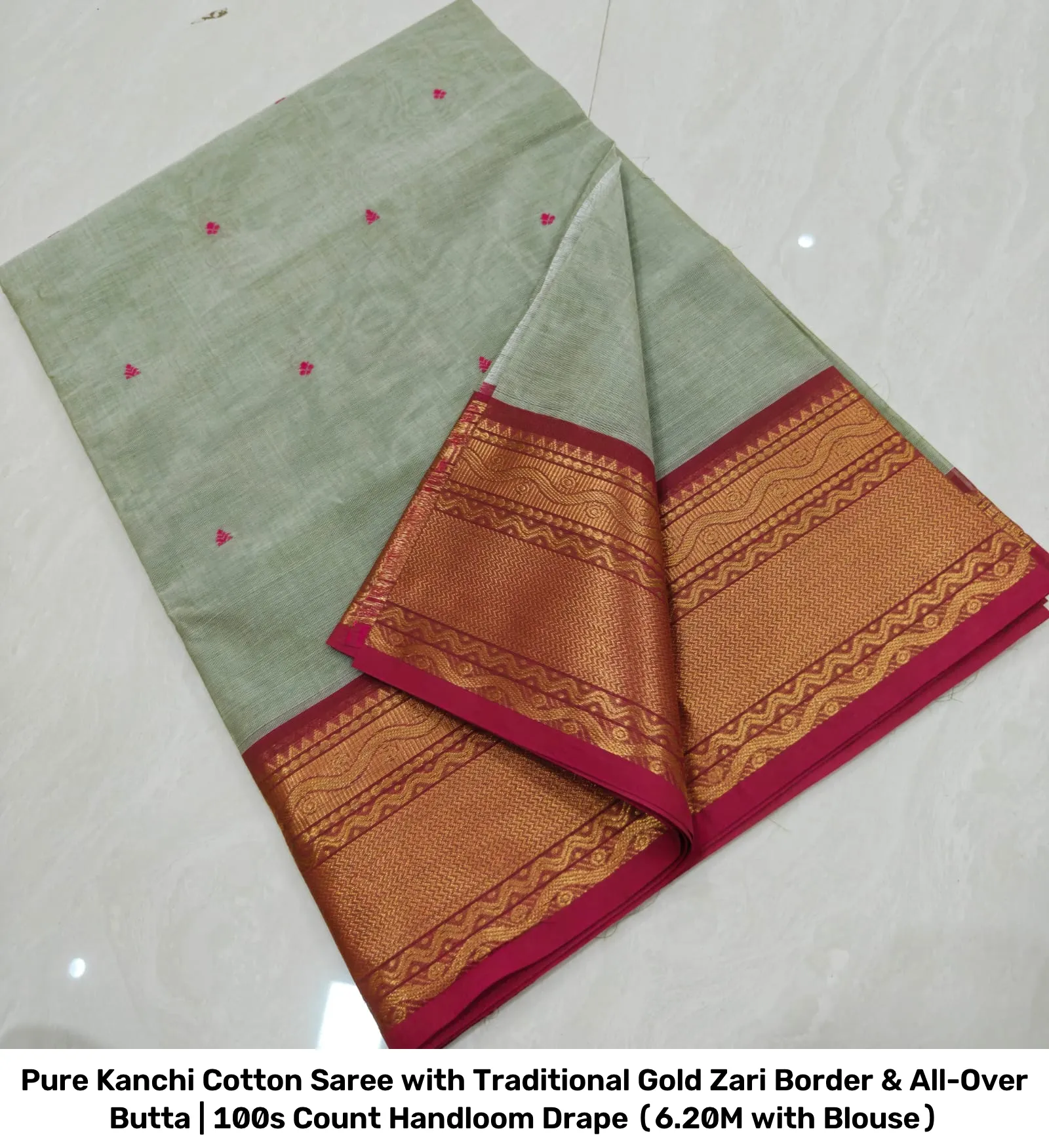 Pure Kanchi Cotton Saree with Traditional Gold Zari Border & All-Over Butta | 100s Count Handloom Drape (6.20M with Blouse) 5