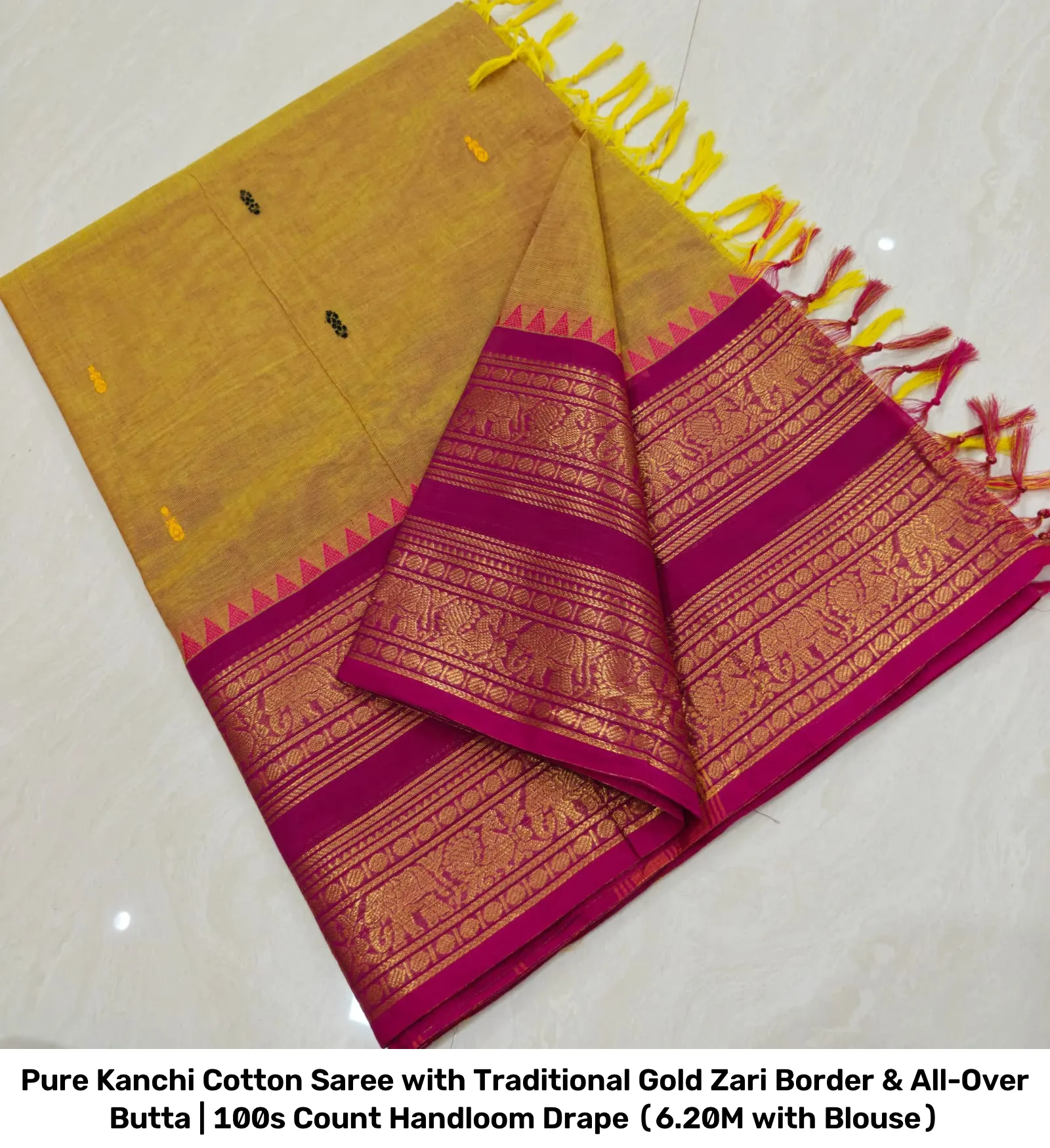 Pure Kanchi Cotton Saree with Traditional Gold Zari Border & All-Over Butta | 100s Count Handloom Drape (6.20M with Blouse) 6