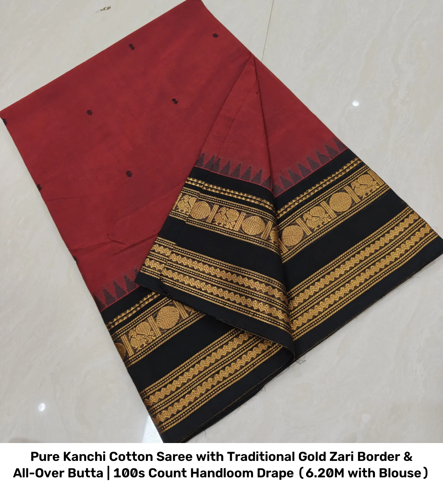Pure Kanchi Cotton Saree with Traditional Gold Zari Border & All-Over Butta | 100s Count Handloom Drape (6.20M with Blouse) 7