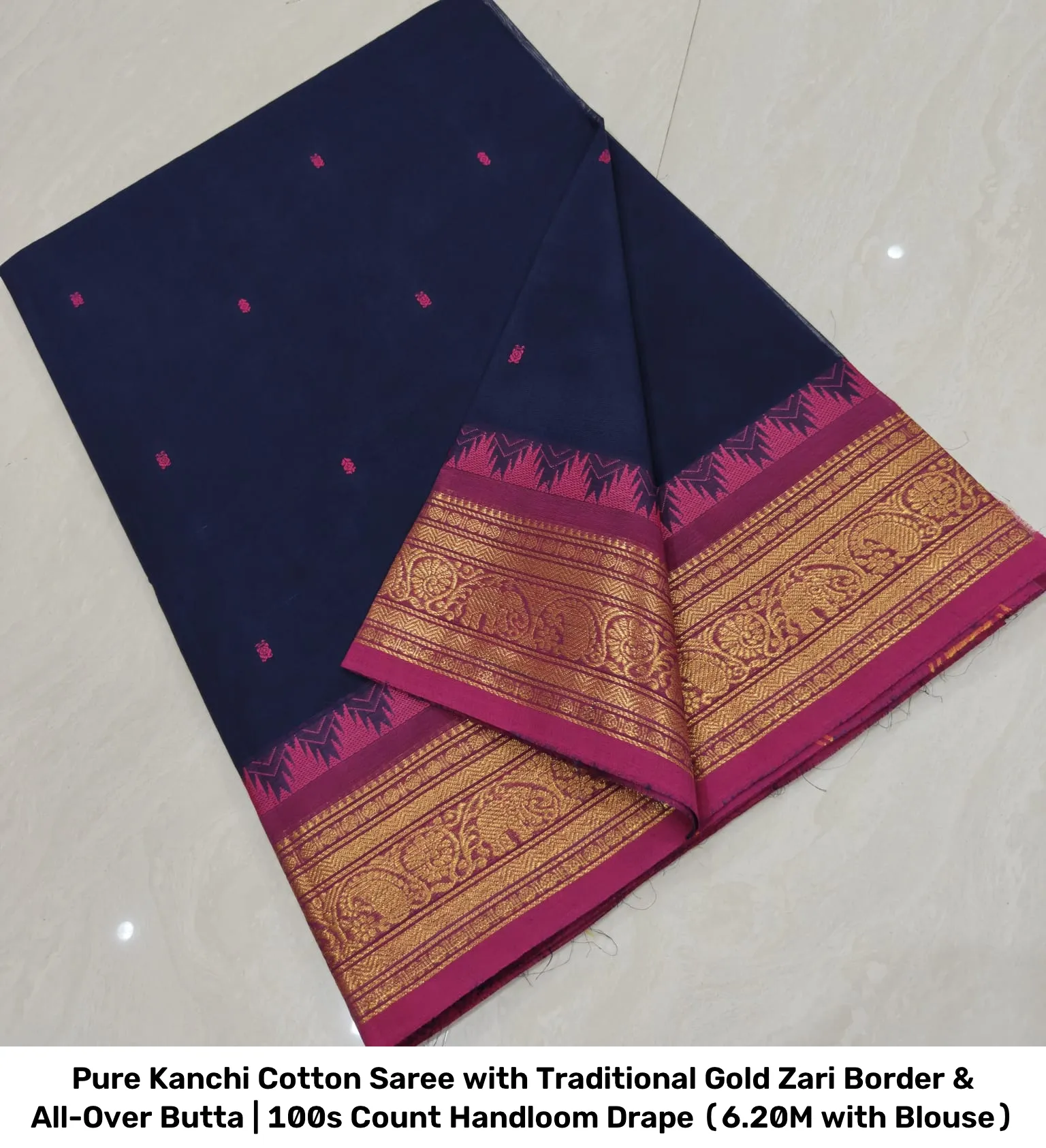 Pure Kanchi Cotton Saree with Traditional Gold Zari Border & All-Over Butta | 100s Count Handloom Drape (6.20M with Blouse) 9
