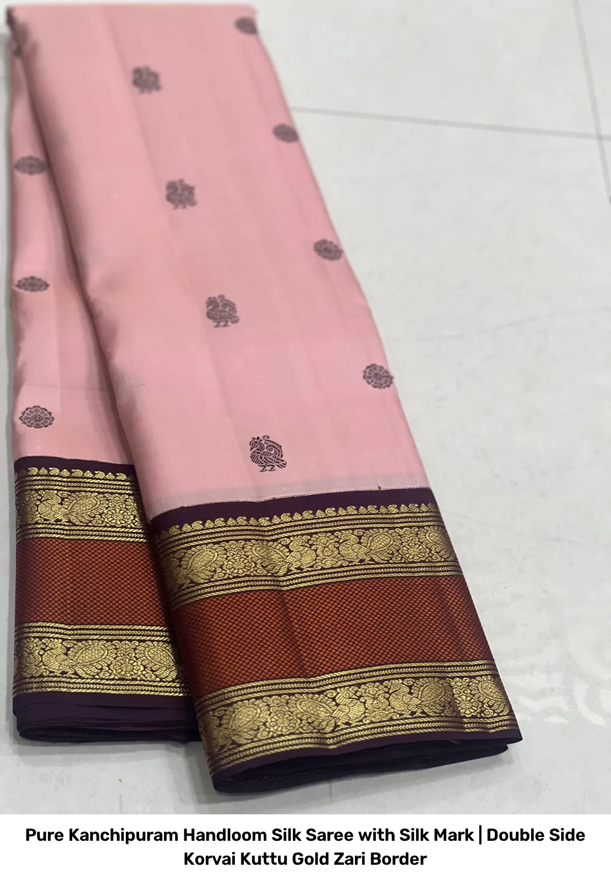 Pure Kanchipuram Handloom Silk Saree with Silk Mark | Double Side Korvai Kuttu Gold Zari Border 2