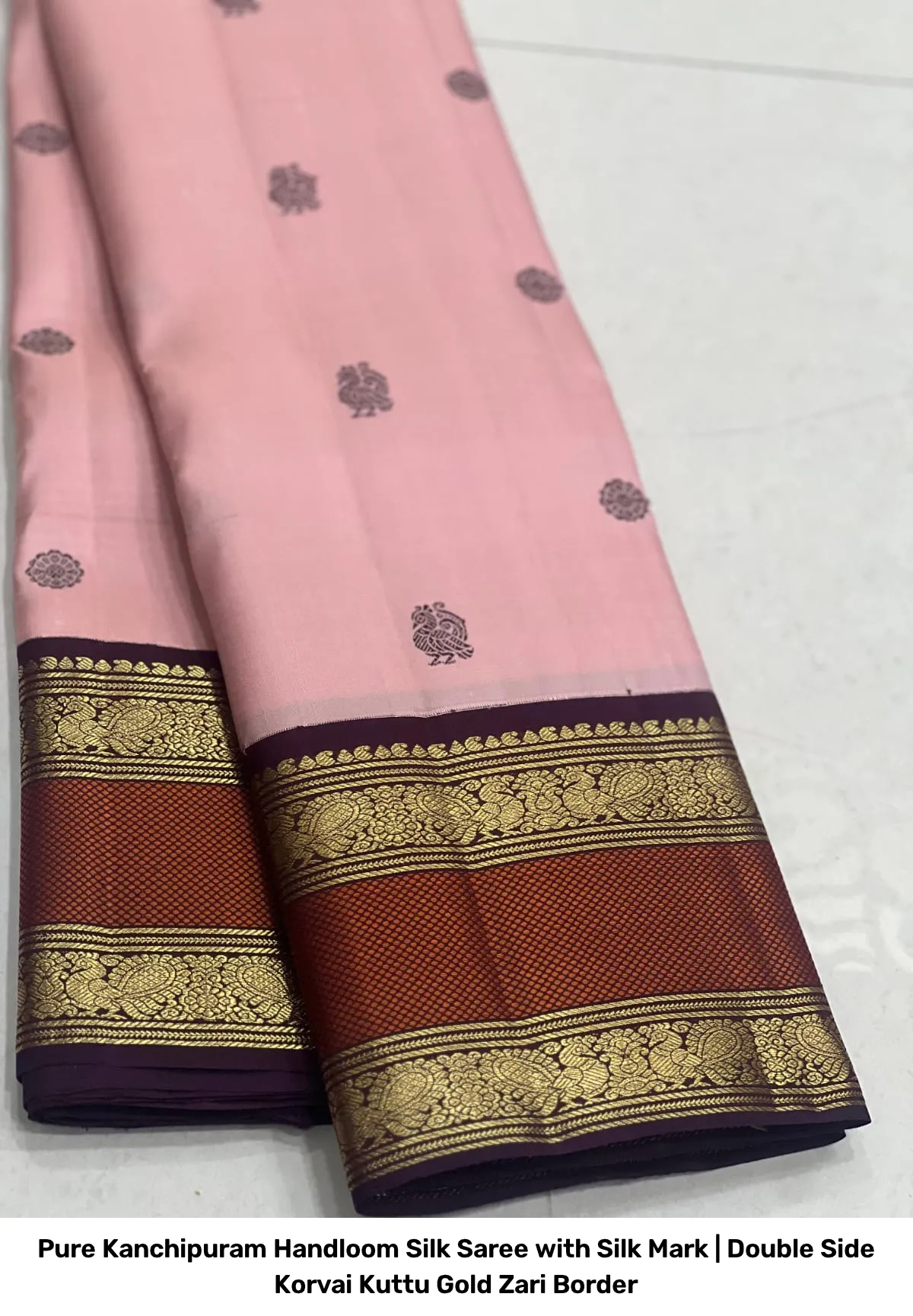 Pure Kanchipuram Handloom Silk Saree with Silk Mark | Double Side Korvai Kuttu Gold Zari Border 3