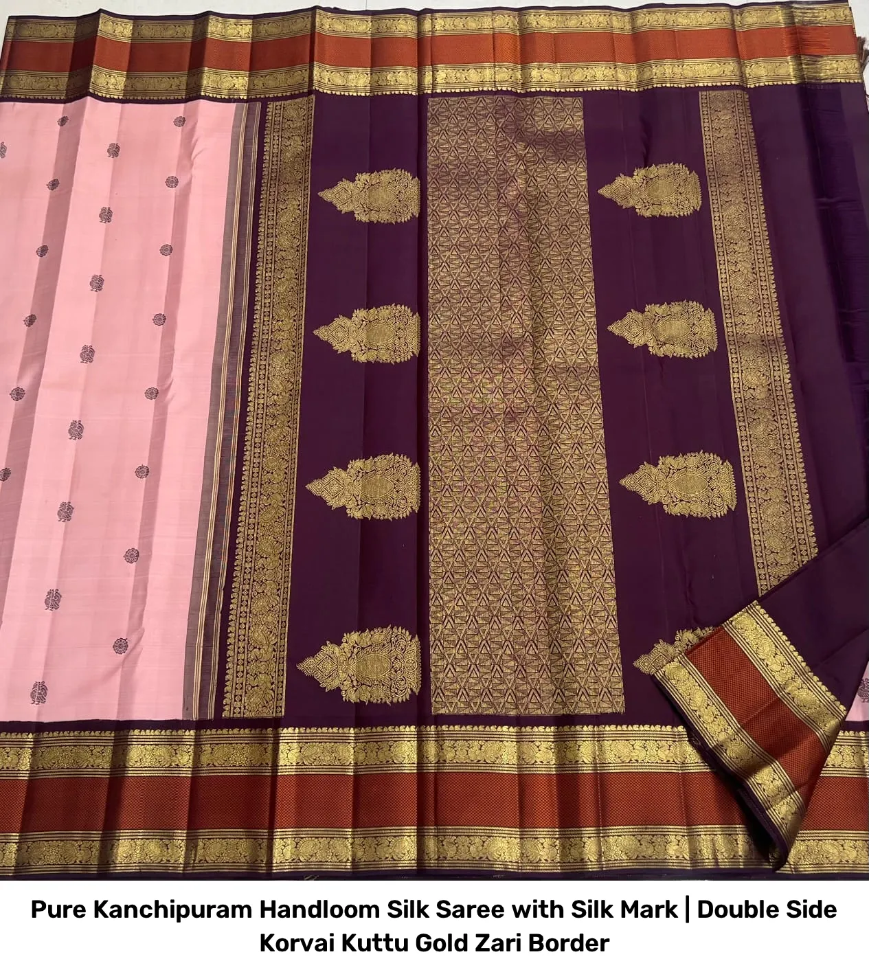 Pure Kanchipuram Handloom Silk Saree with Silk Mark | Double Side Korvai Kuttu Gold Zari Border 4