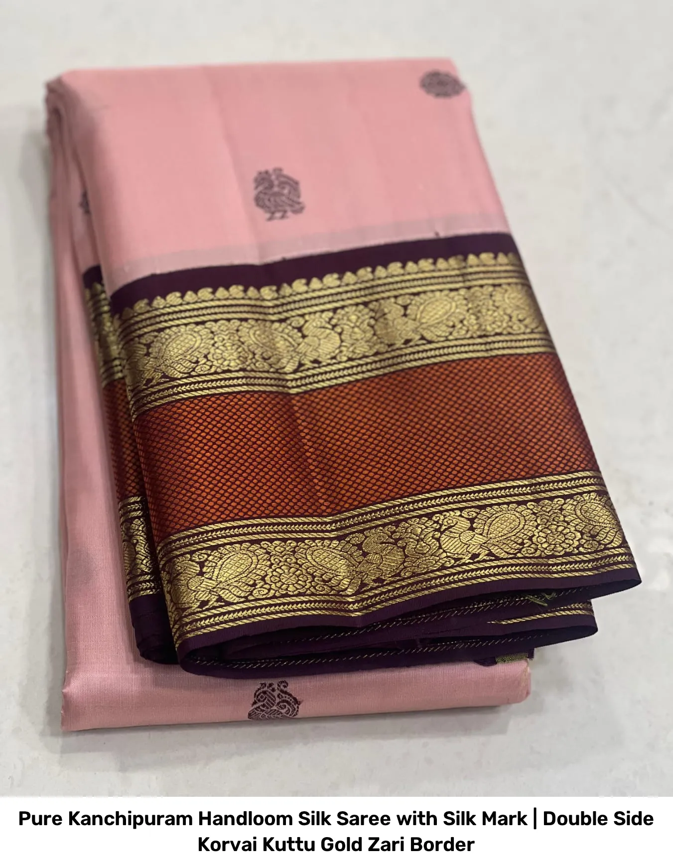 Pure Kanchipuram Handloom Silk Saree with Silk Mark | Double Side Korvai Kuttu Gold Zari Border 5