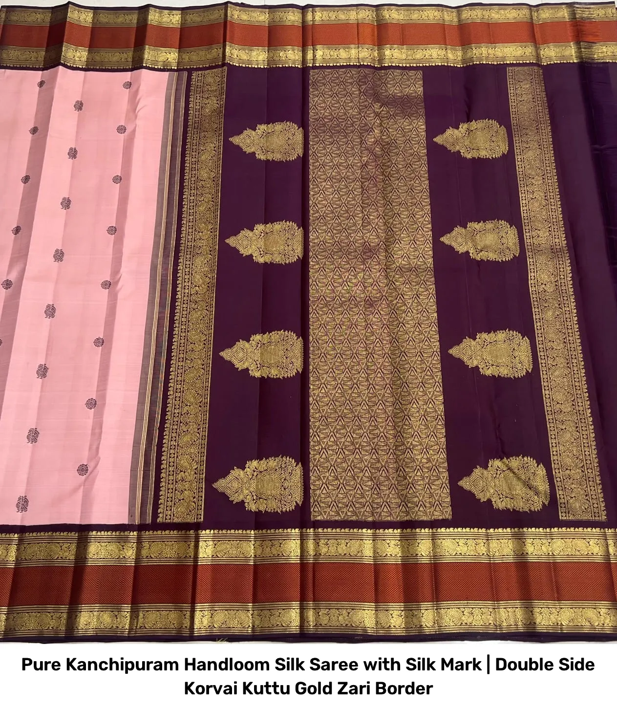 Pure Kanchipuram Handloom Silk Saree with Silk Mark | Double Side Korvai Kuttu Gold Zari Border 6