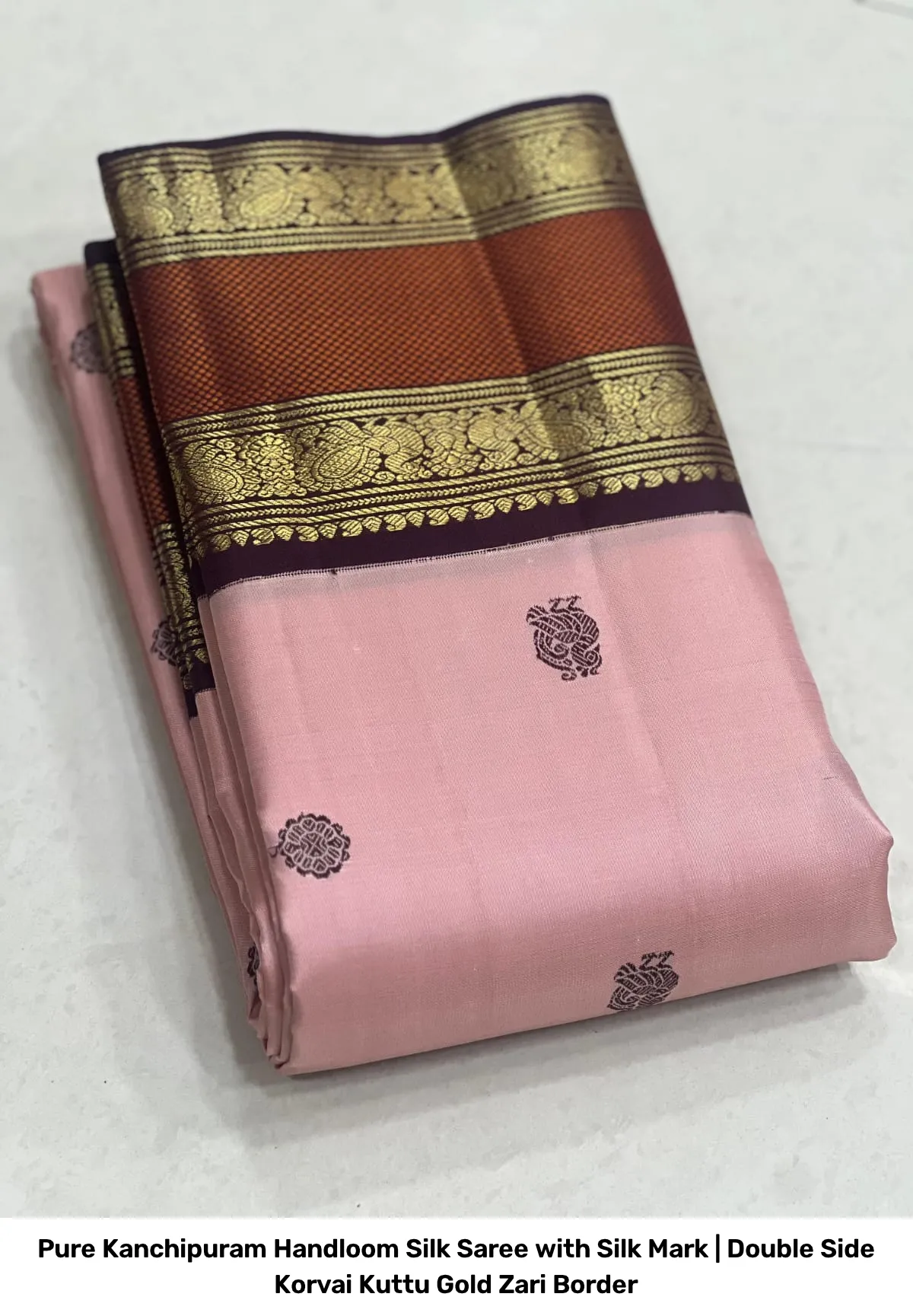 Pure Kanchipuram Handloom Silk Saree with Silk Mark | Double Side Korvai Kuttu Gold Zari Border 7