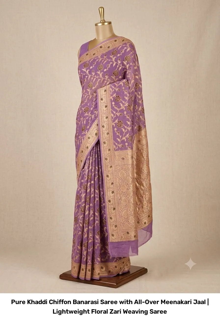 Pure Khaddi Chiffon Banarasi Saree with All-Over Meenakari Jaal | Lightweight Floral Zari Weaving Saree 10