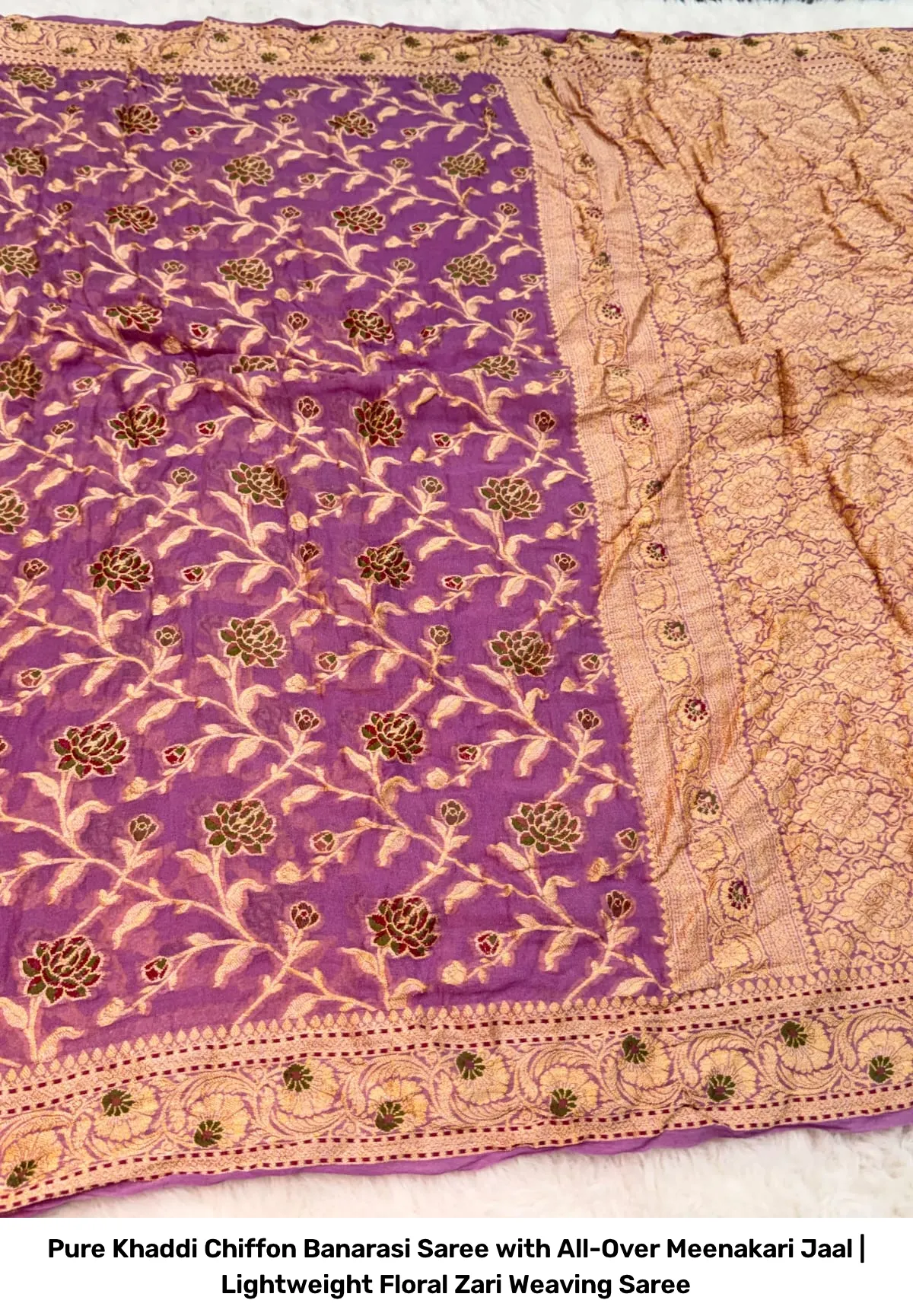 Pure Khaddi Chiffon Banarasi Saree with All-Over Meenakari Jaal | Lightweight Floral Zari Weaving Saree 11