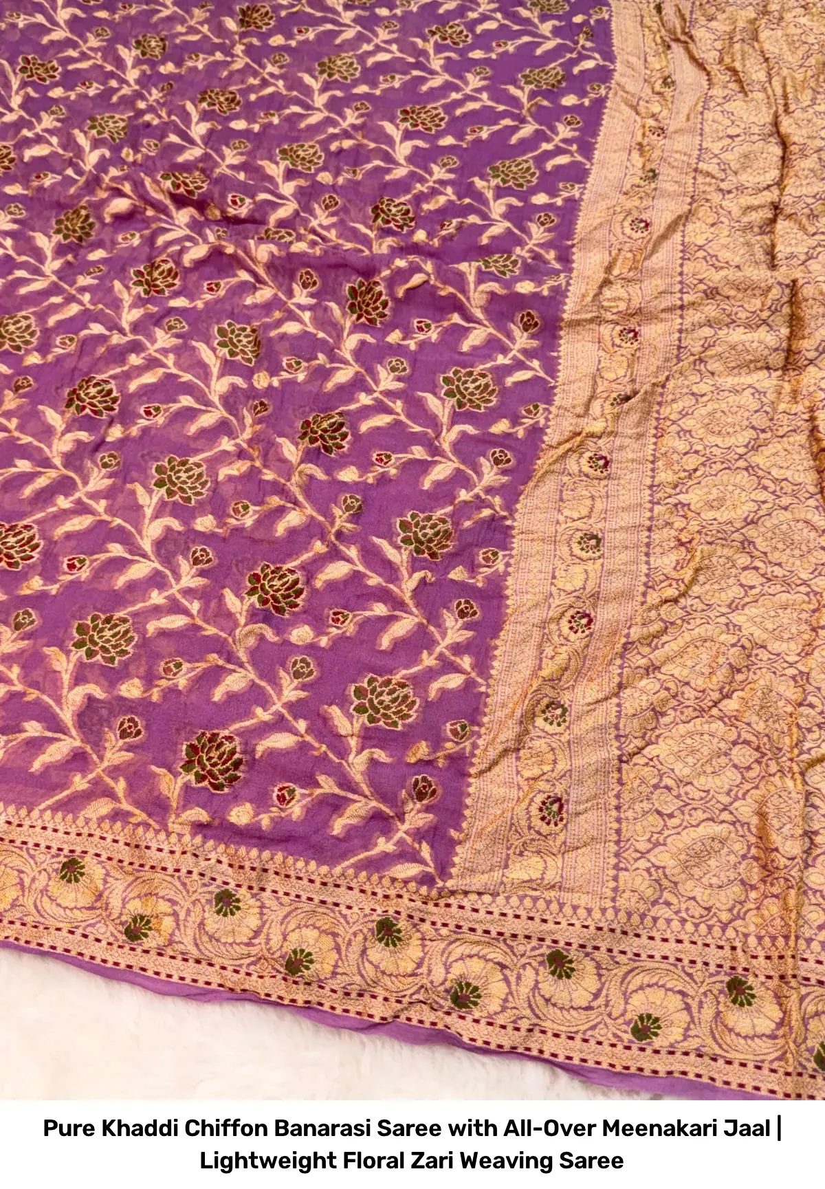 Pure Khaddi Chiffon Banarasi Saree with All-Over Meenakari Jaal | Lightweight Floral Zari Weaving Saree 12