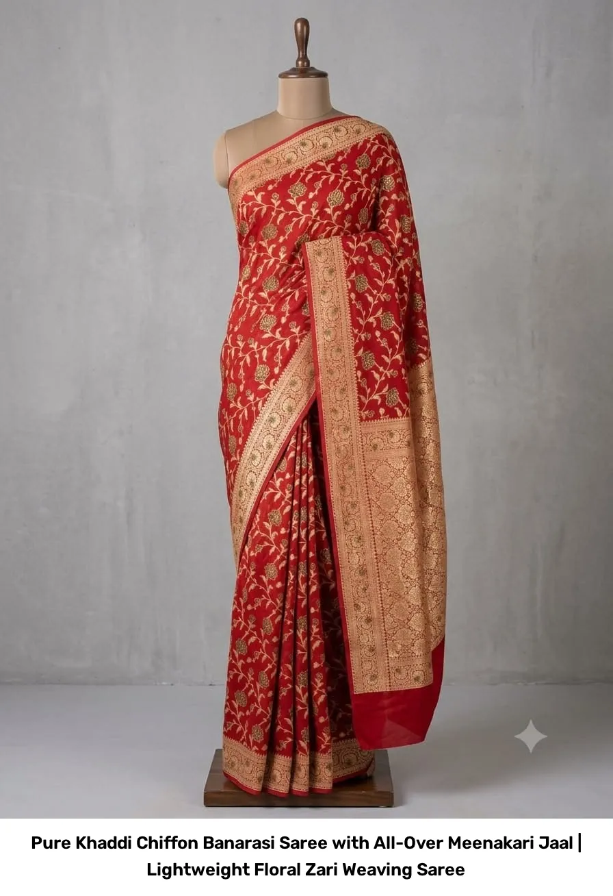 Pure Khaddi Chiffon Banarasi Saree with All-Over Meenakari Jaal | Lightweight Floral Zari Weaving Saree 13