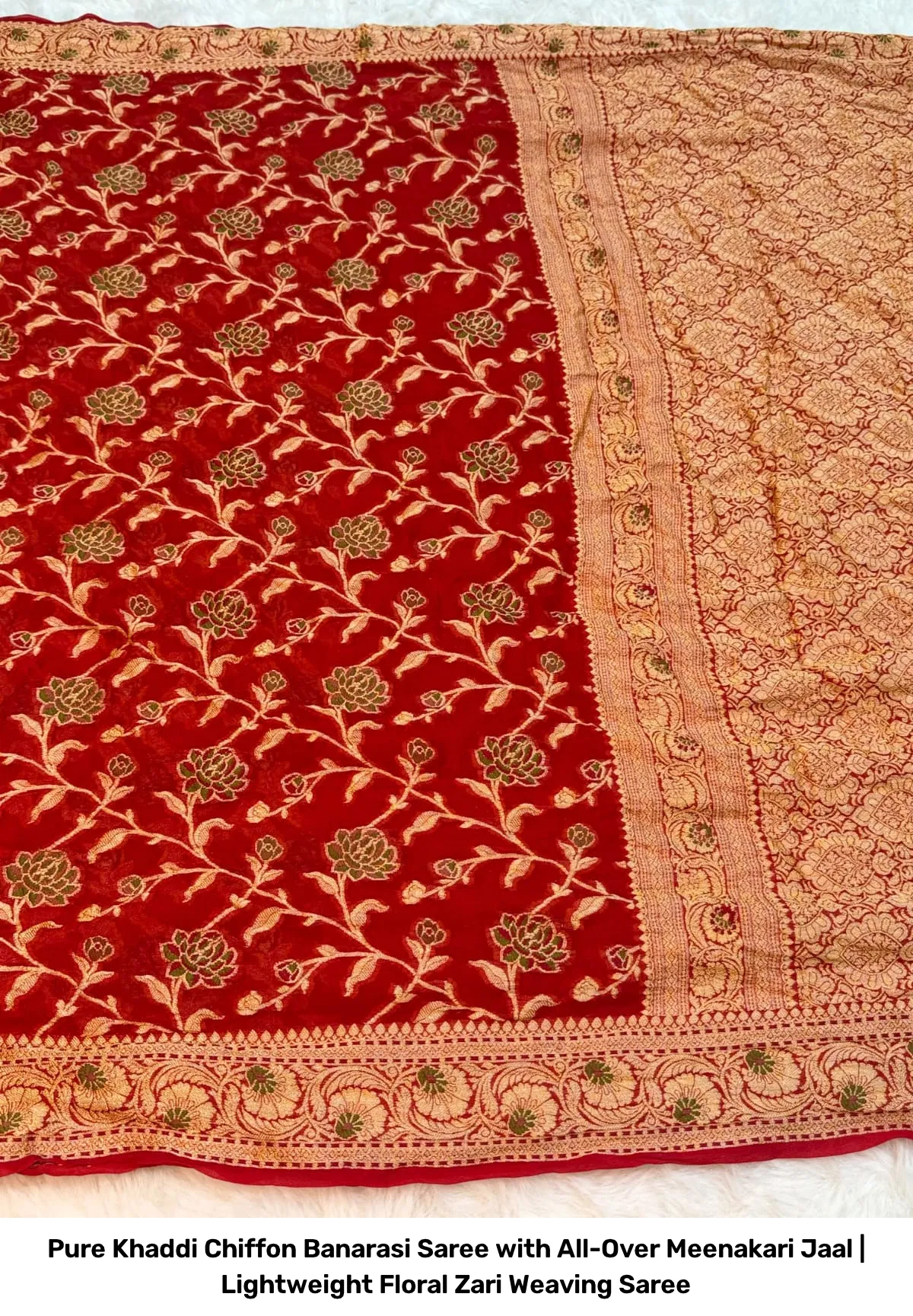 Pure Khaddi Chiffon Banarasi Saree with All-Over Meenakari Jaal | Lightweight Floral Zari Weaving Saree 14