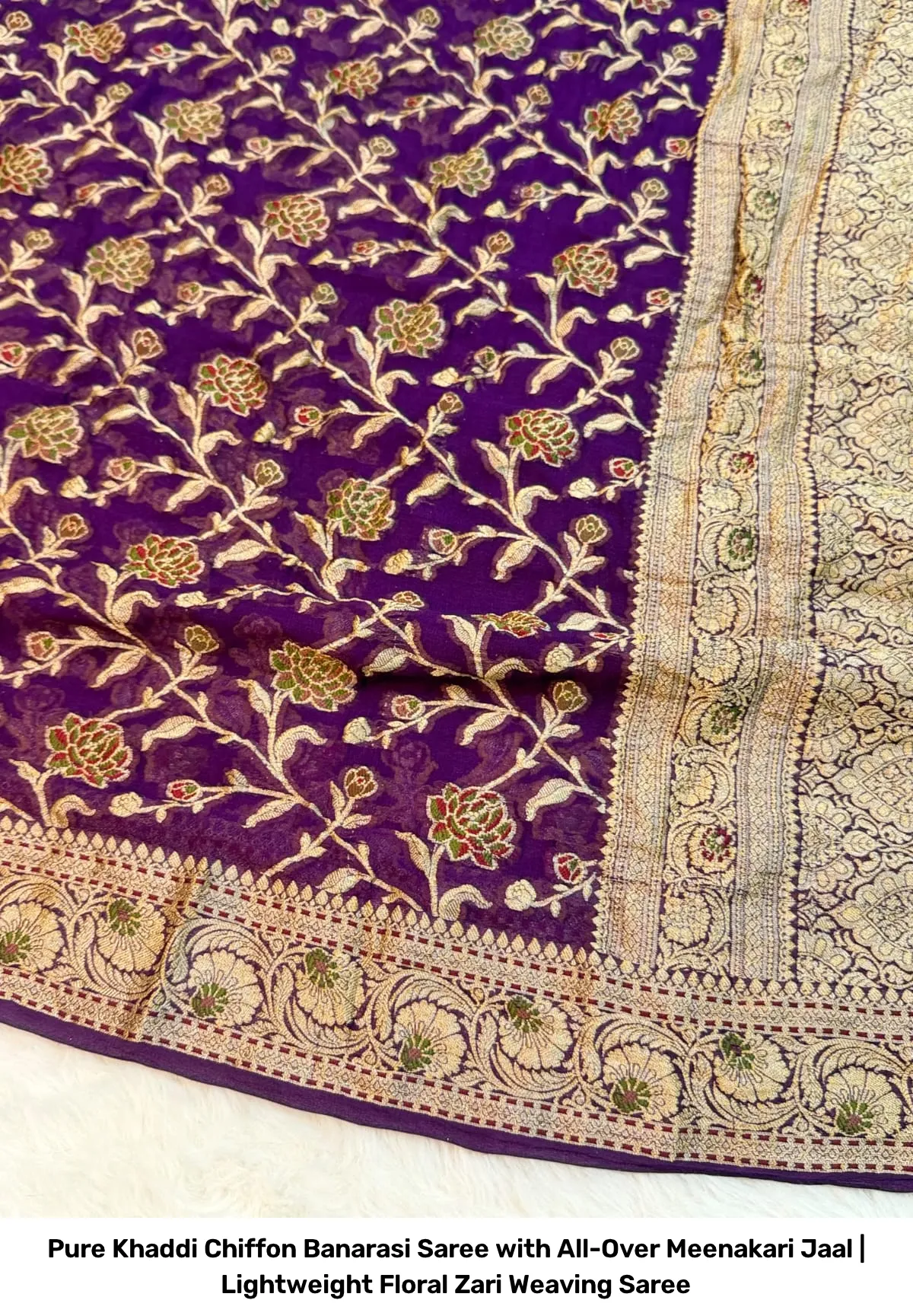 Pure Khaddi Chiffon Banarasi Saree with All-Over Meenakari Jaal | Lightweight Floral Zari Weaving Saree 15