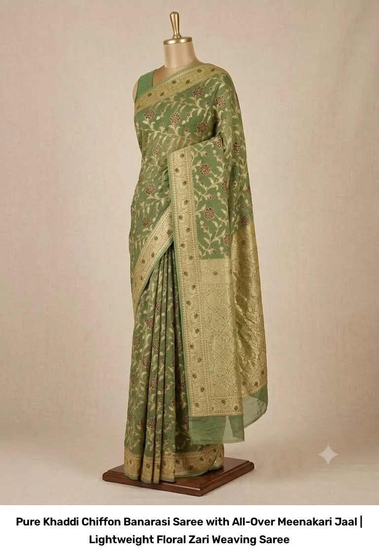Pure Khaddi Chiffon Banarasi Saree with All-Over Meenakari Jaal | Lightweight Floral Zari Weaving Saree 3