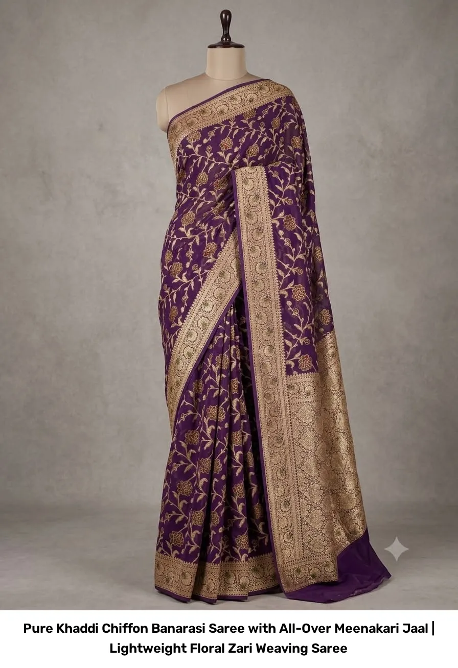 Pure Khaddi Chiffon Banarasi Saree with All-Over Meenakari Jaal | Lightweight Floral Zari Weaving Saree 4