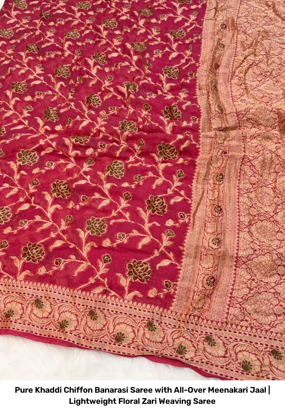 Pure Khaddi Chiffon Banarasi Saree with All-Over Meenakari Jaal | Lightweight Floral Zari Weaving Saree 5