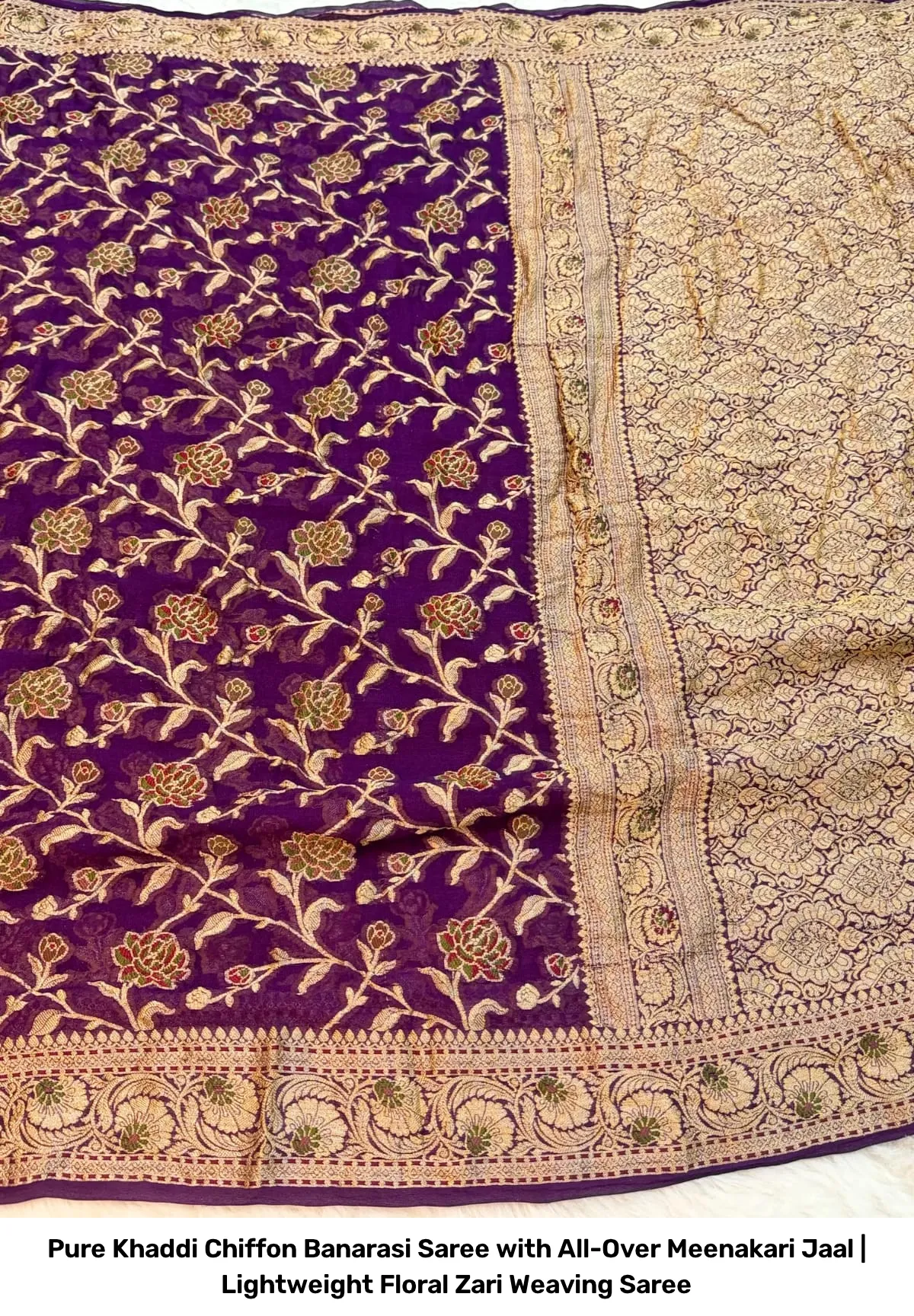 Pure Khaddi Chiffon Banarasi Saree with All-Over Meenakari Jaal | Lightweight Floral Zari Weaving Saree 6