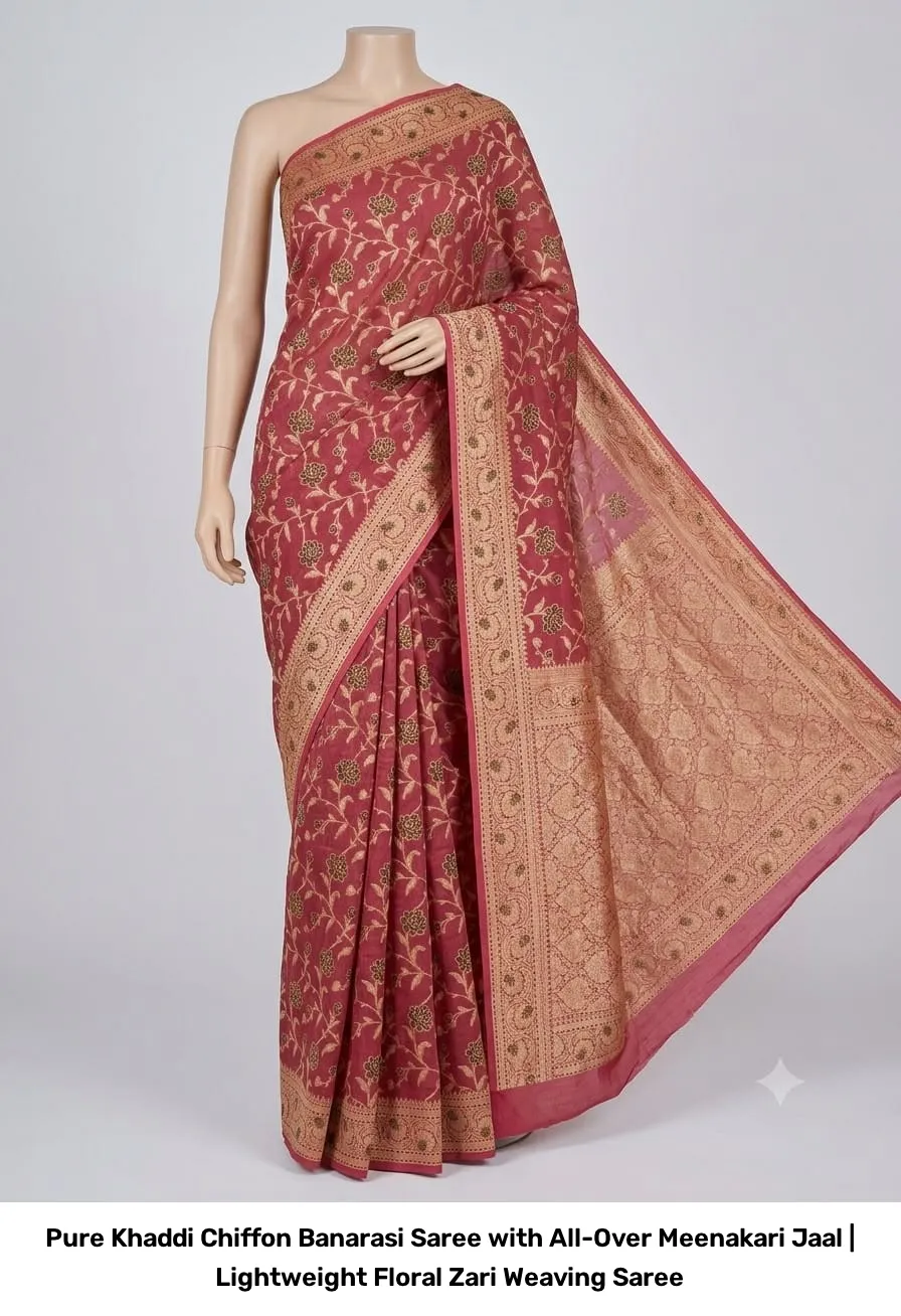 Pure Khaddi Chiffon Banarasi Saree with All-Over Meenakari Jaal | Lightweight Floral Zari Weaving Saree 7