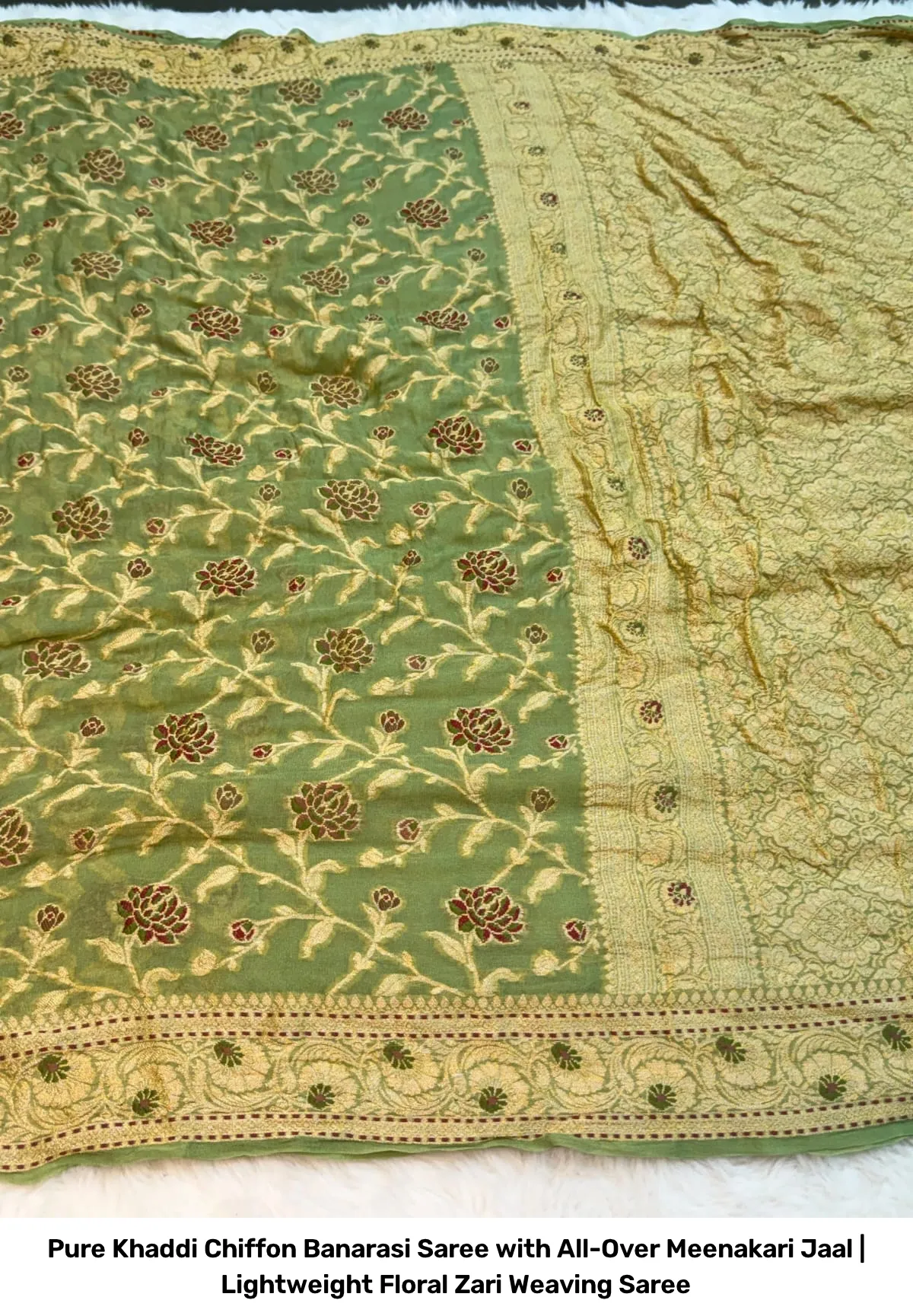 Pure Khaddi Chiffon Banarasi Saree with All-Over Meenakari Jaal | Lightweight Floral Zari Weaving Saree 9