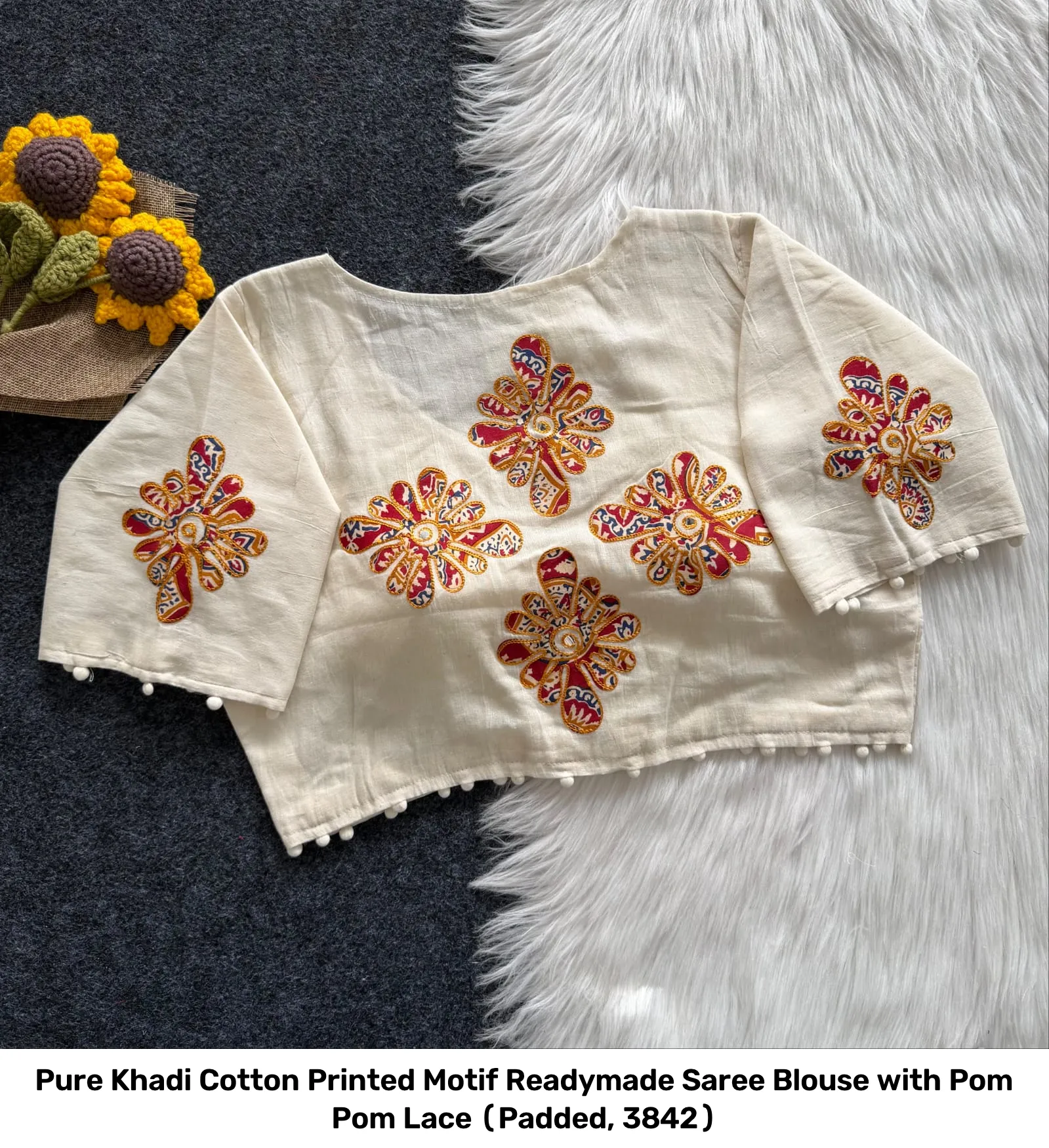 Pure Khadi Cotton Printed Motif Readymade Saree Blouse with Pom Pom Lace (Padded, 38–42) 10