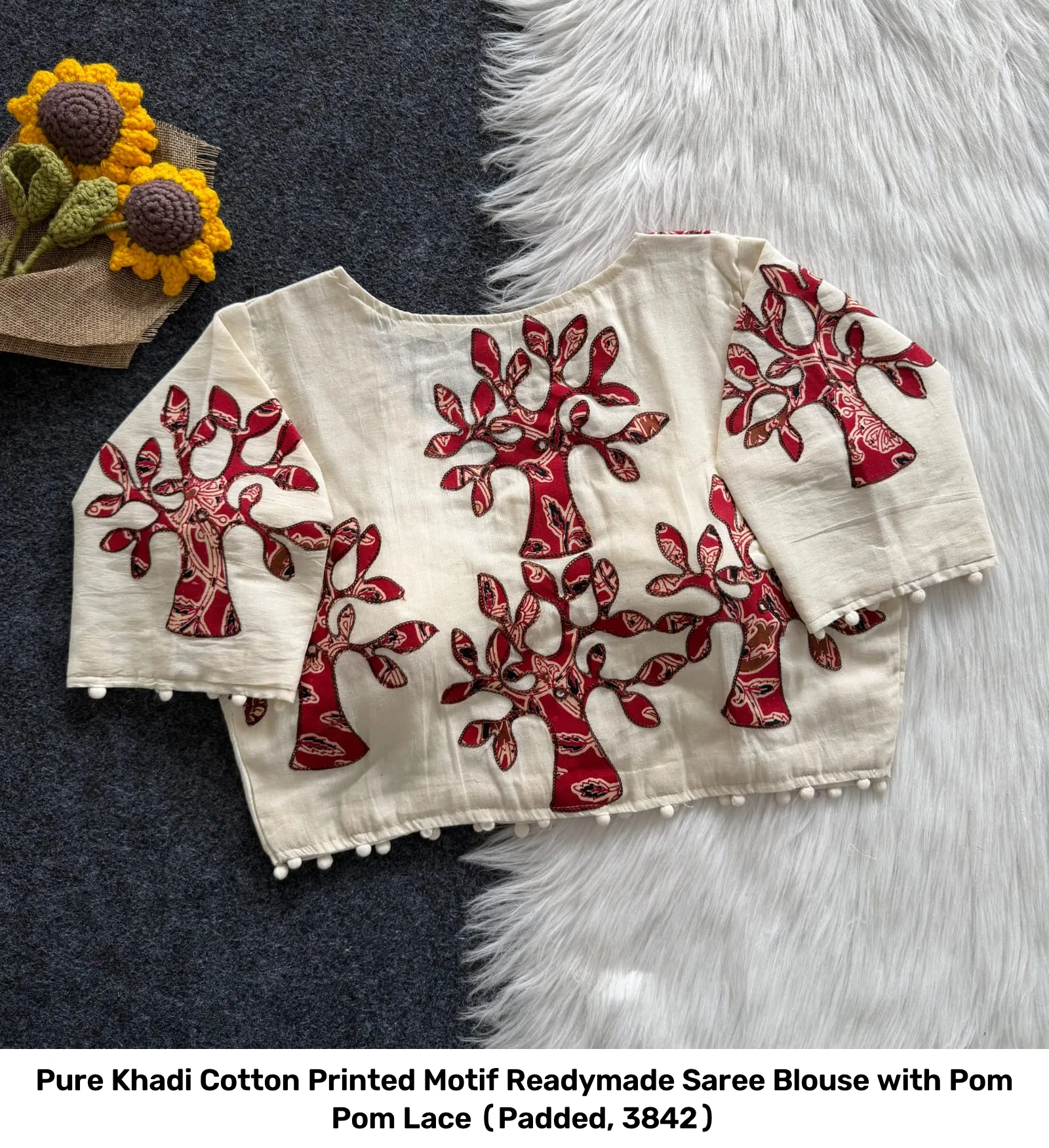 Pure Khadi Cotton Printed Motif Readymade Saree Blouse with Pom Pom Lace (Padded, 38–42) 12