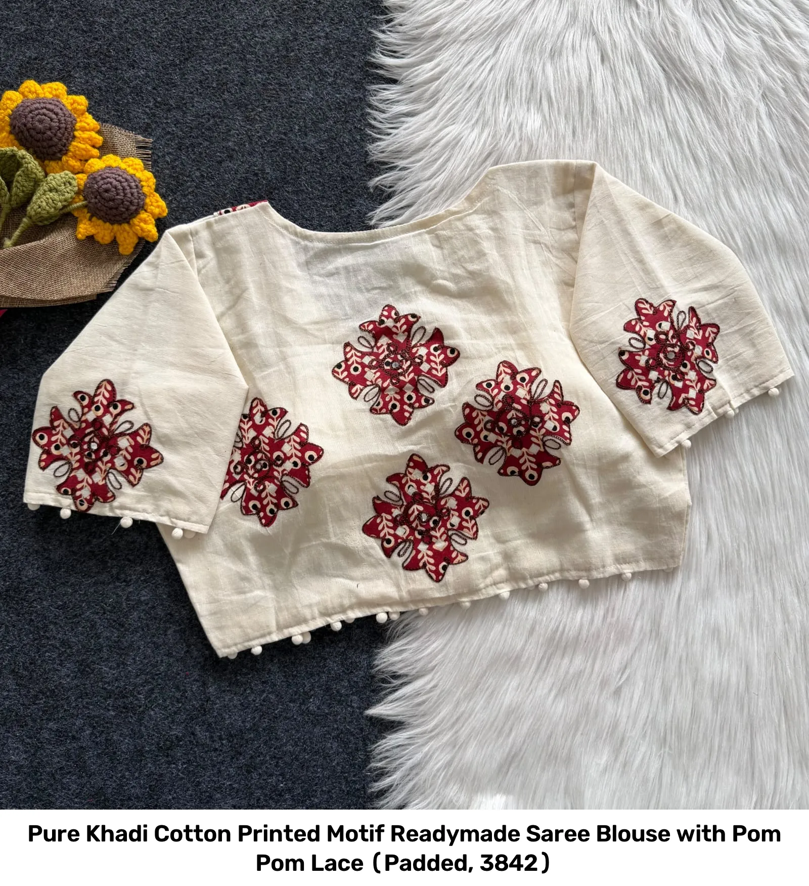Pure Khadi Cotton Printed Motif Readymade Saree Blouse with Pom Pom Lace (Padded, 38–42) 2