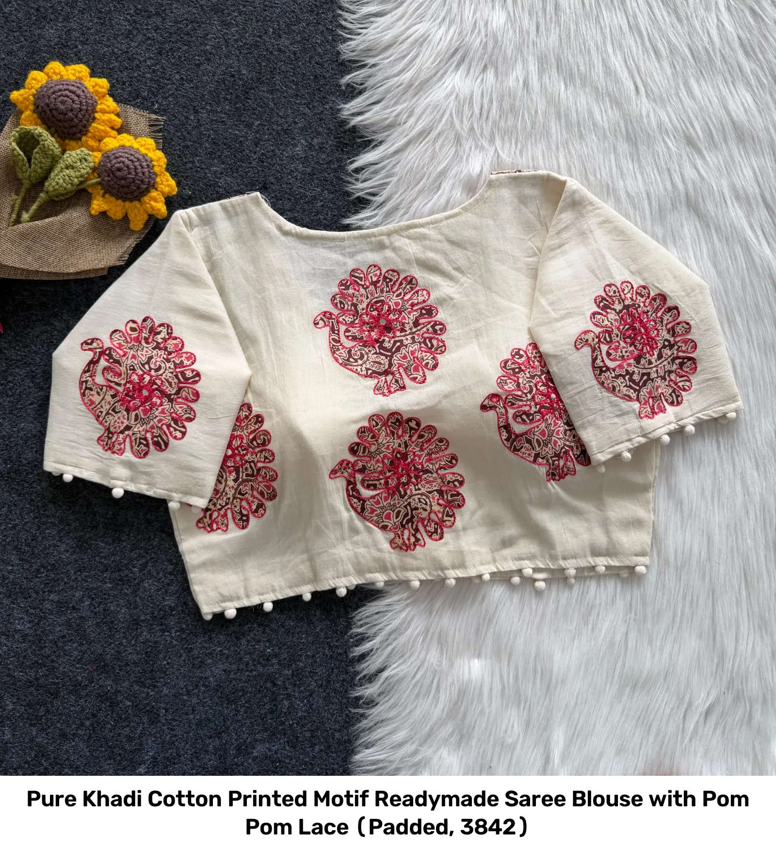 Pure Khadi Cotton Printed Motif Readymade Saree Blouse with Pom Pom Lace (Padded, 38–42) 4