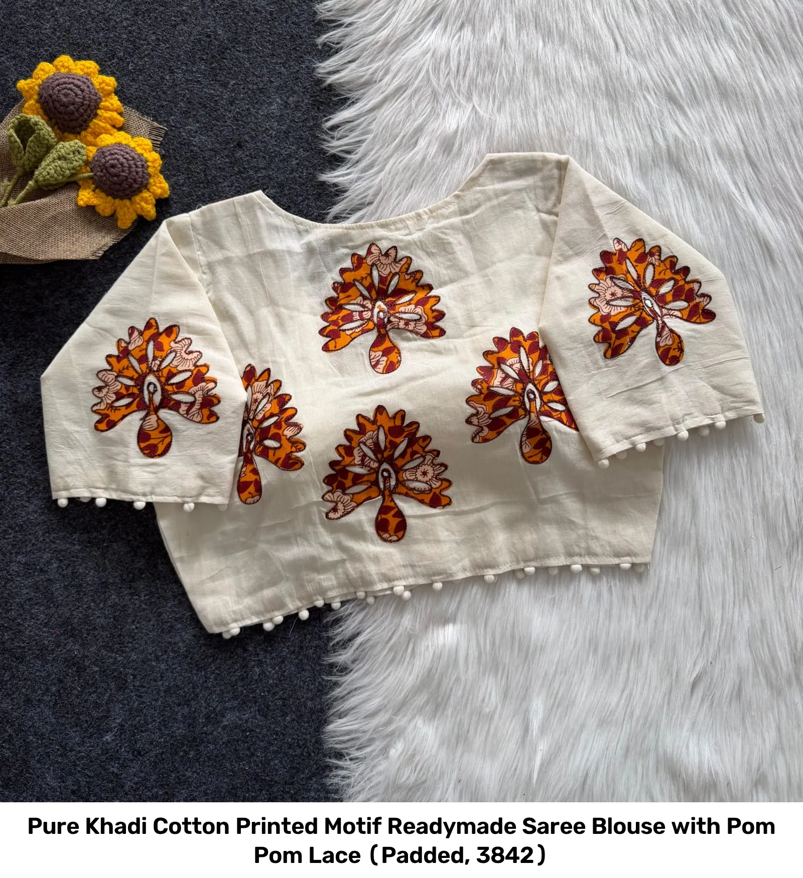 Pure Khadi Cotton Printed Motif Readymade Saree Blouse with Pom Pom Lace (Padded, 38–42) 5